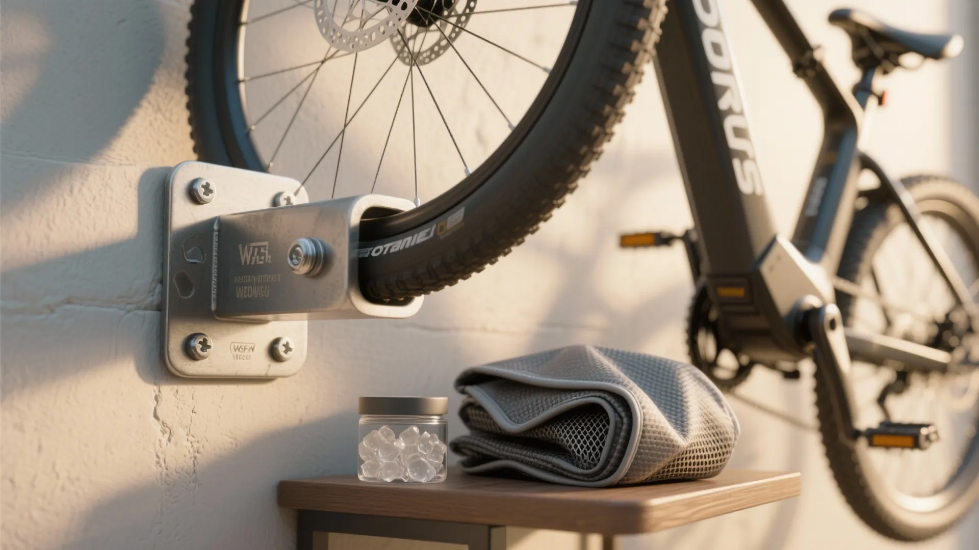 Metal wall bracket holding a bicycle tire with a small wooden shelf and grey cloth below