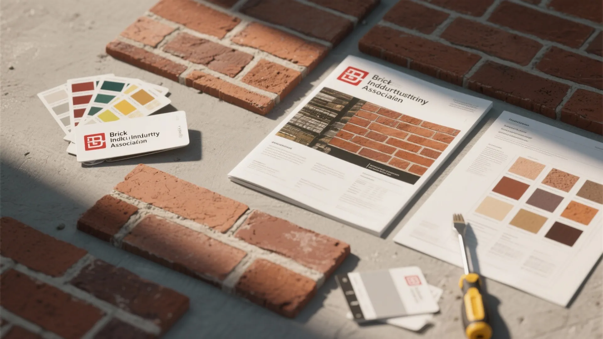 Red bricks and color swatches on a grey table with professional documents for home renovation