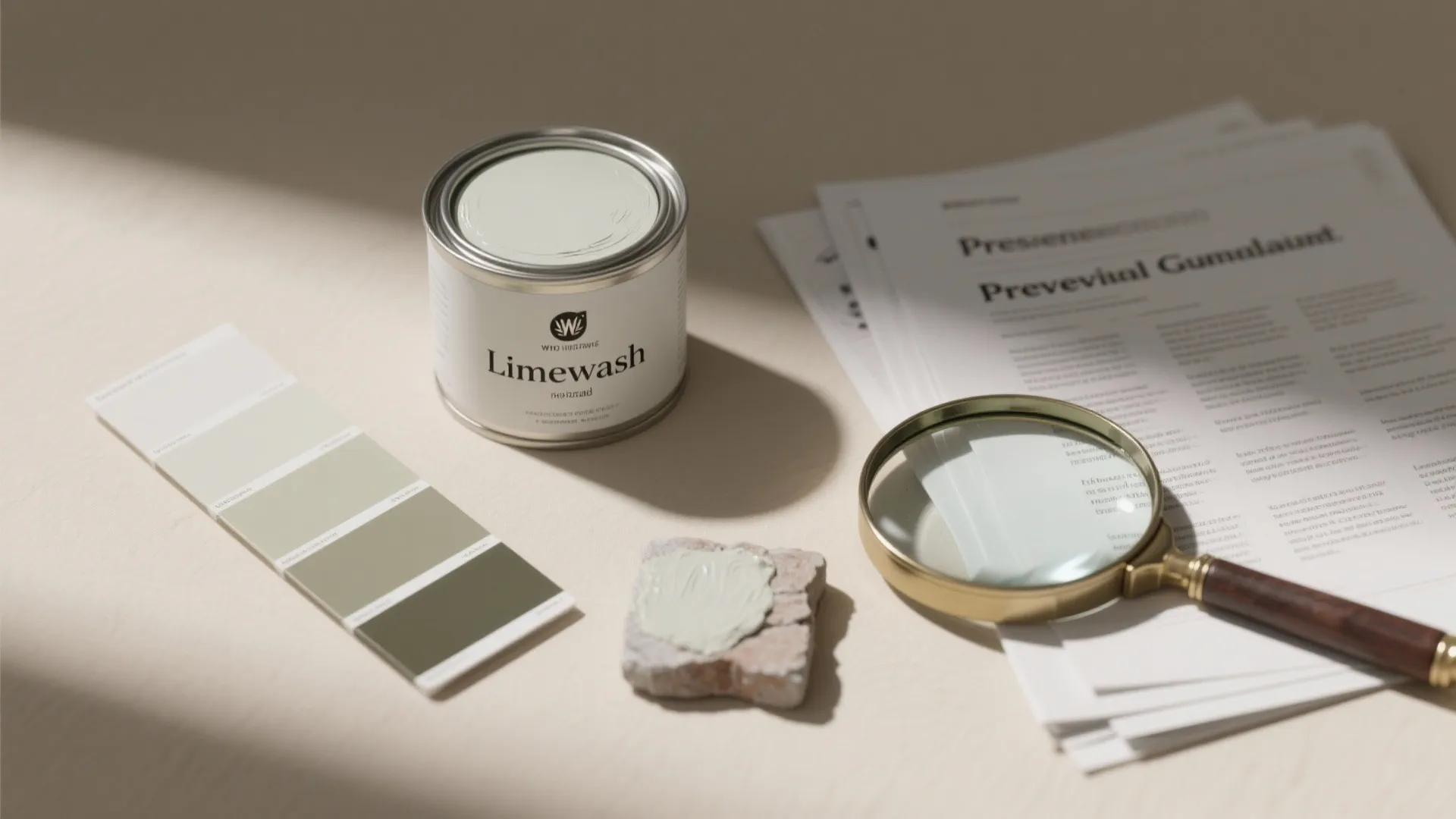 Open paint can with color swatches and magnifying glass on desk for interior design color planning