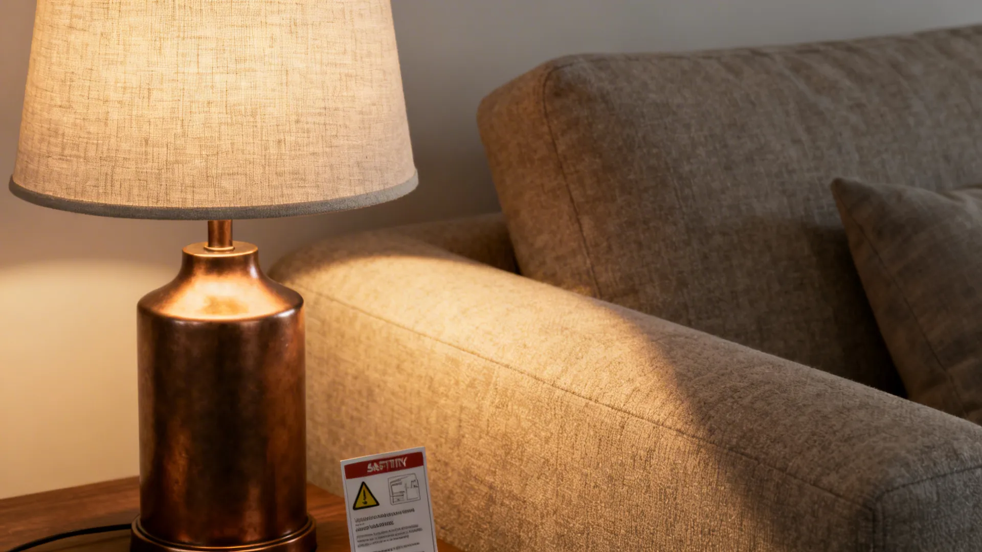 Bronze table lamp casting warm 2700–3000K light on a sofa, illustrating recommended bulb temperature and safety note.