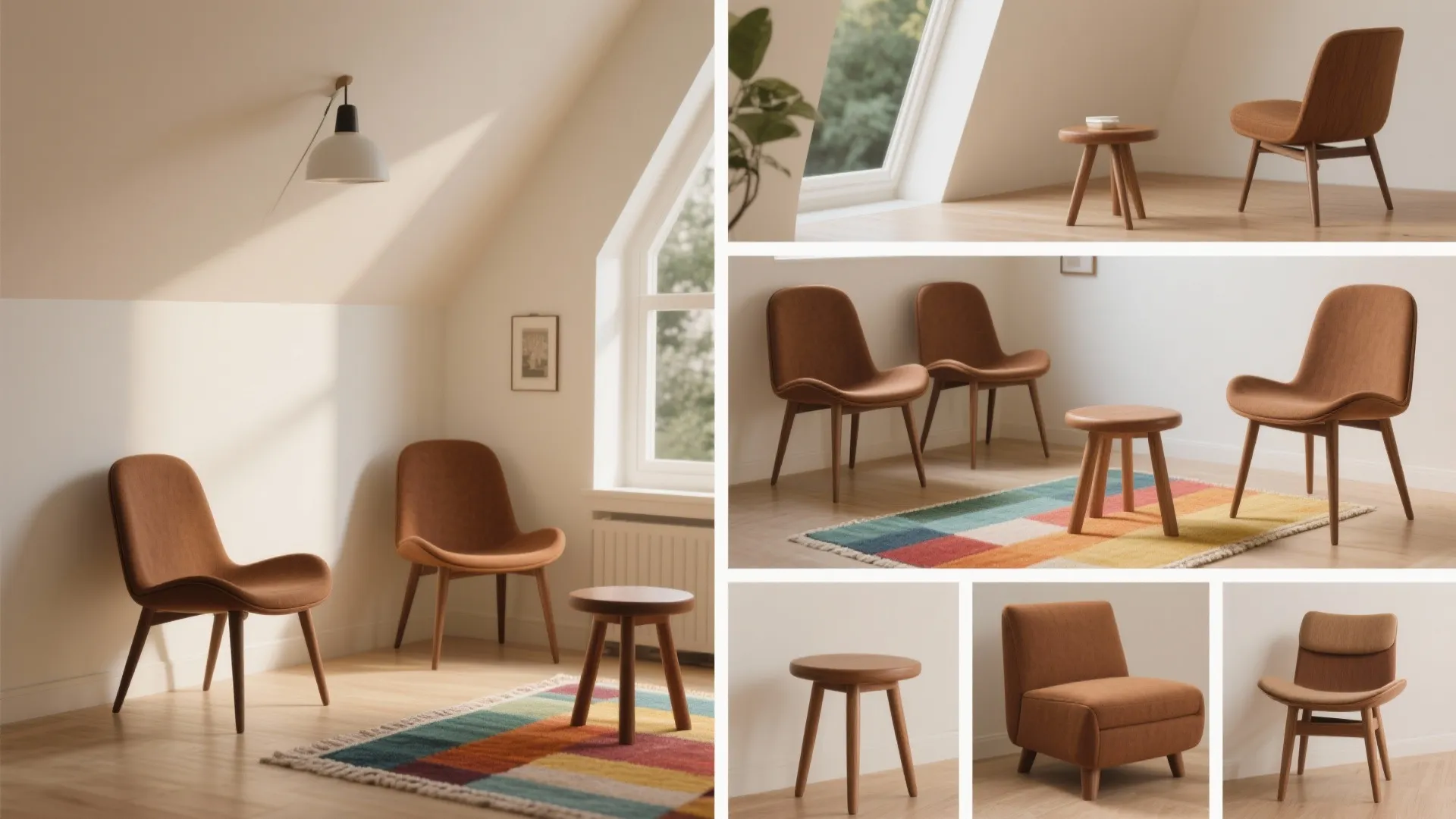 Composite image of small-space solutions featuring brown chairs, tapered legs, stools and colorful rug.