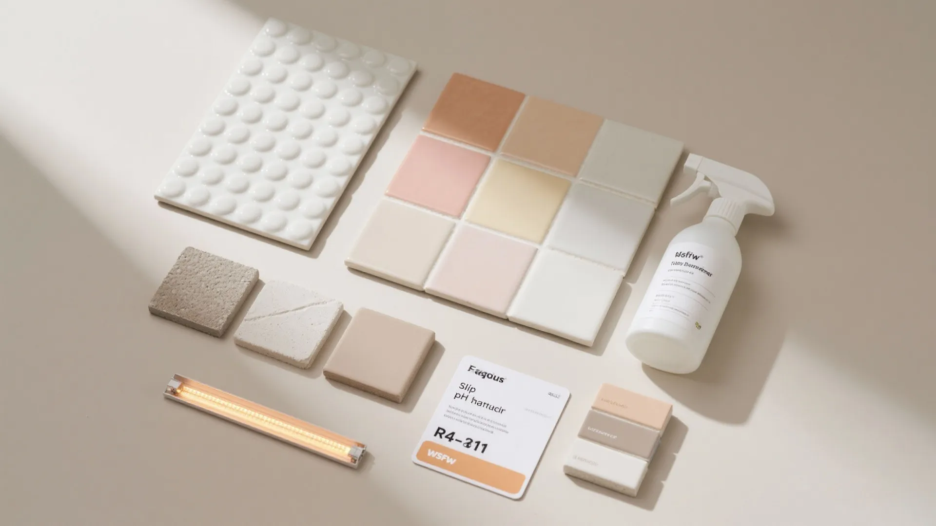 Interior design materials including colorful square wall tiles stone samples spray bottle and light fixture