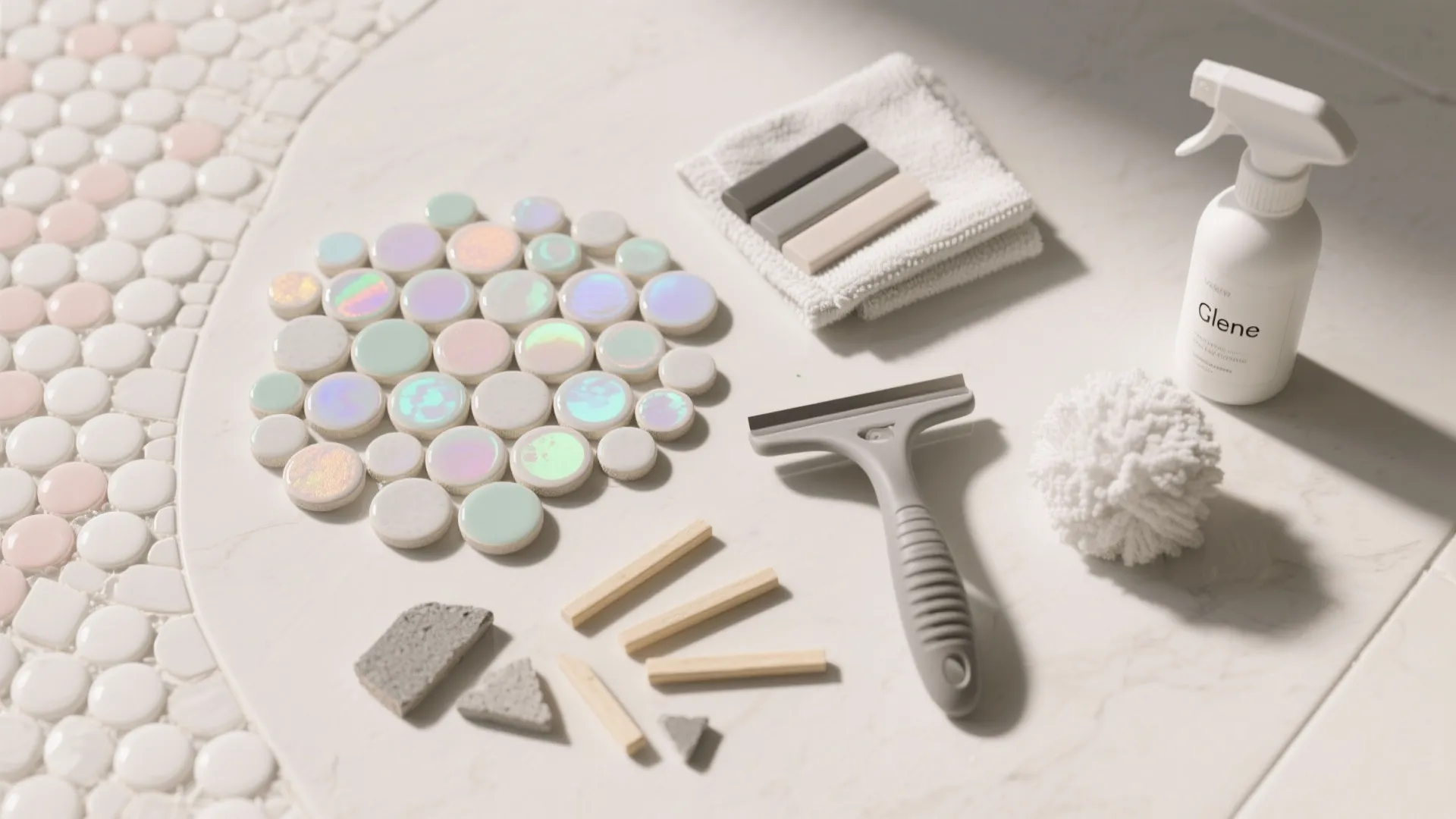 Colorful round tiles on floor with a white spray bottle towel and small hand tool