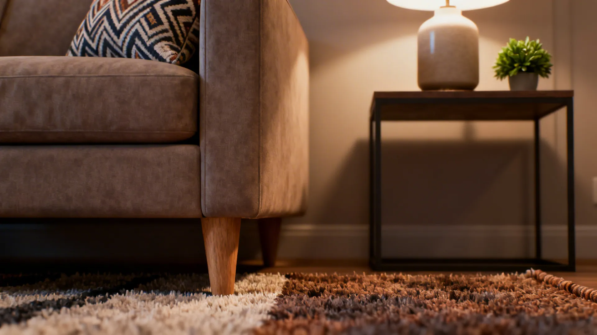 Close up of a brown sofa wooden leg rug and side table with small table light