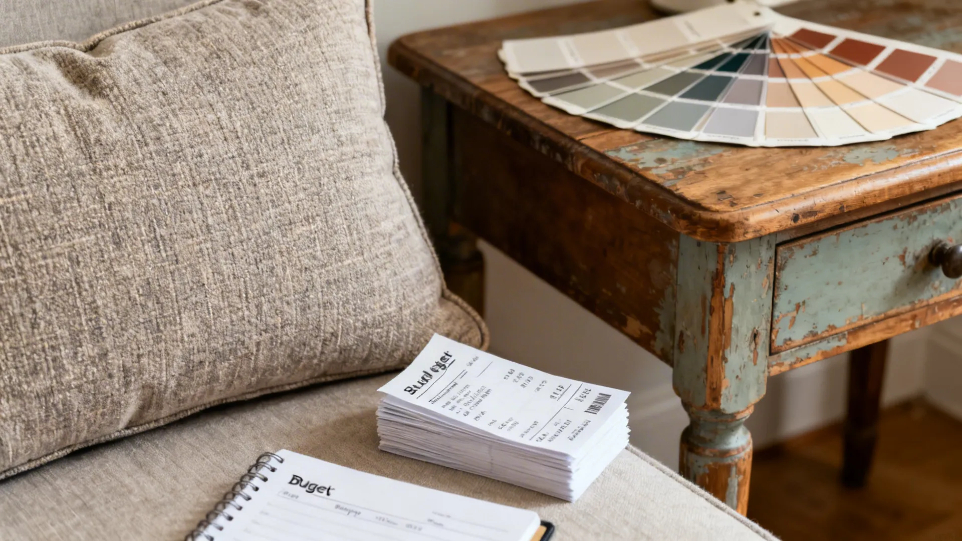 Styled still-life of budget planning items, paint swatches and a quality cushion sample.