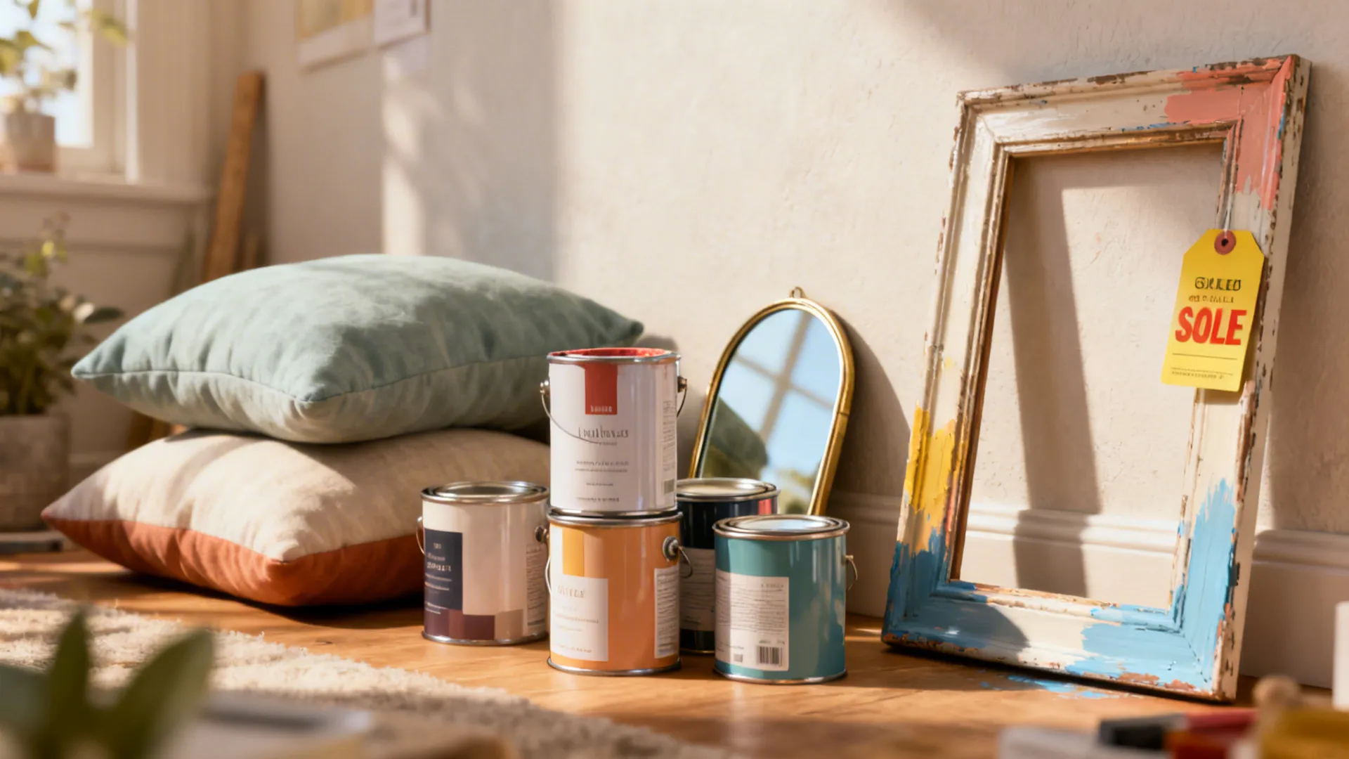 Budget refresh items: paint cans, affordable pillows, a small mirror and a refurbished thrift frame.