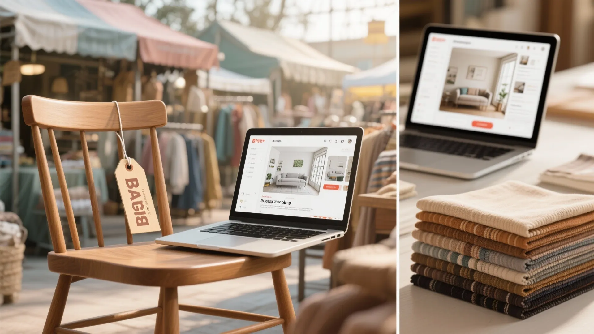 Laptop computer showing interior design software next to fabric samples and a wooden chair outdoors