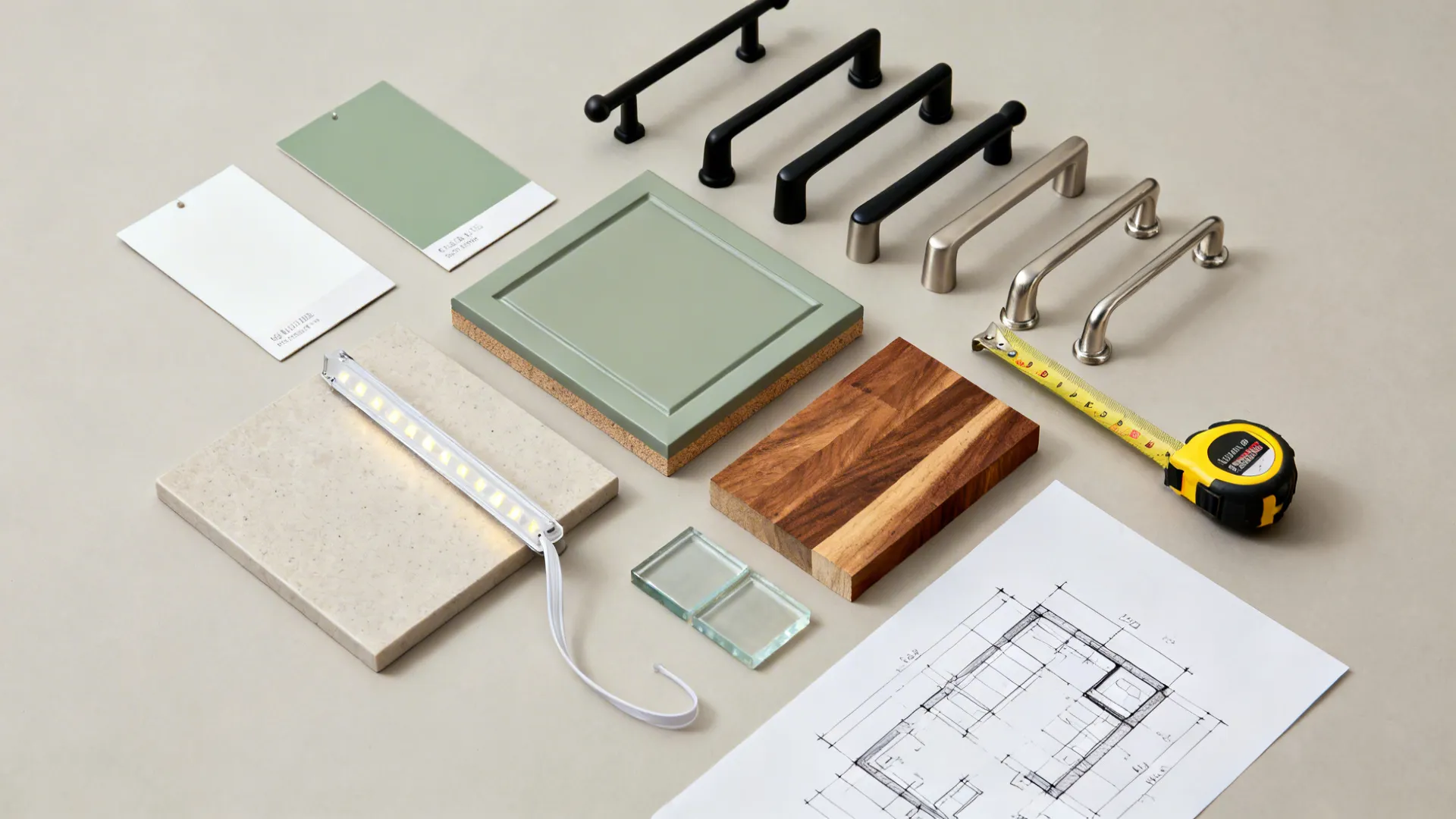 Flat lay of paint chips, hardware, LED strips, laminate and wood samples, and a layout sketch.