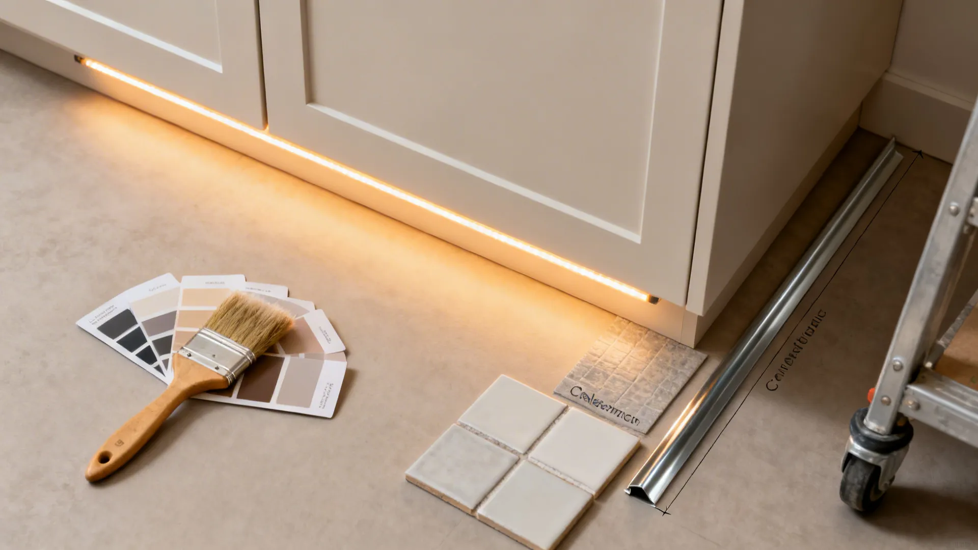 Top-down set of budget kitchen decor elements: paint, LED strip, tile sample, and slim cart layout.