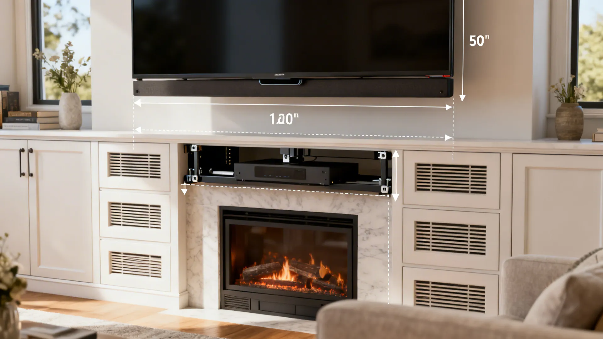 Living room detail illustrating TV height, ventilation and clearance guidelines for built-ins.