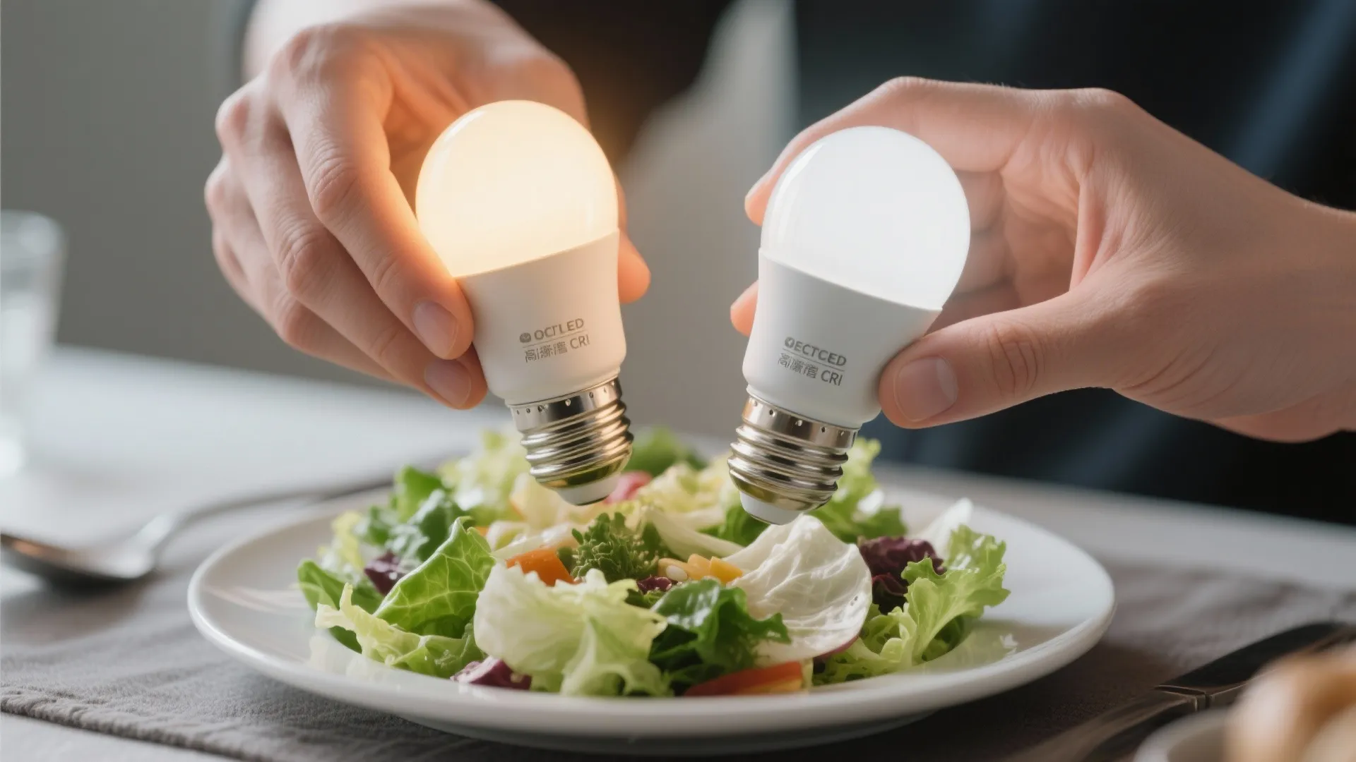 Hands holding warm and cool light bulbs over a green salad showing different lighting color results