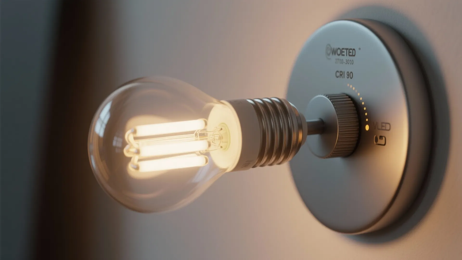 Close up of a glass light bulb connected to a silver wall light dimmer switch