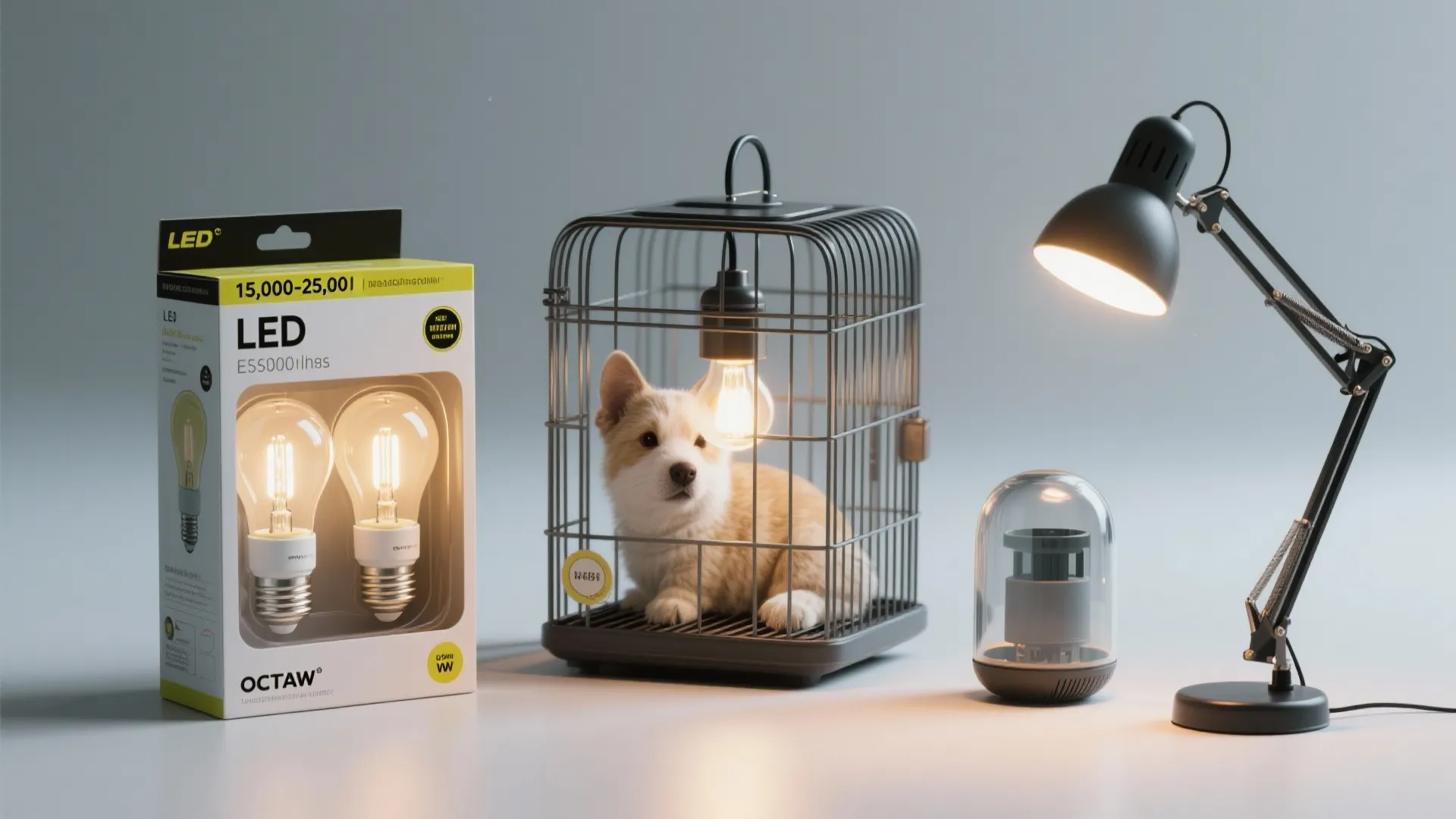 Collage showing LED Edison bulbs, a cage lamp, and an adjustable-arm lamp illustrating FAQs about efficiency and safety.