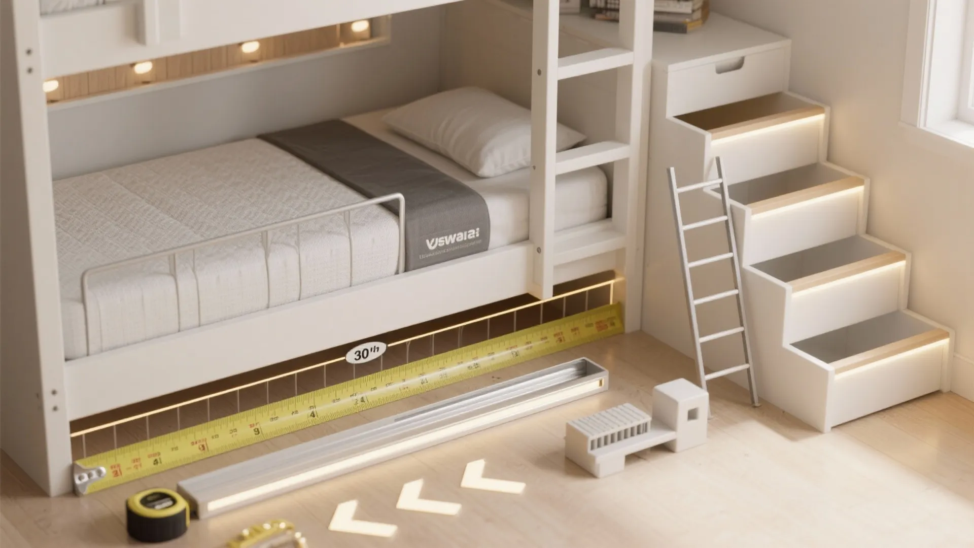 Flatlay of bunk planning items: clearance measure, thin mattress, guardrail profile, LED strip, ladder and storage step models.