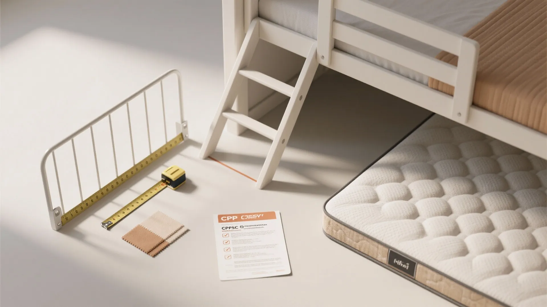White bunk bed with ladder next to a safety rail tape measure and a mattress