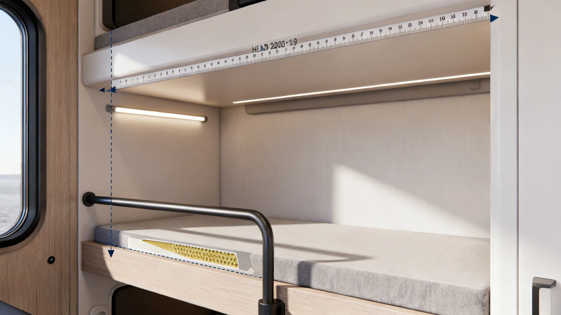 Close-up visuals showing headroom measurements, guardrail and mattress thickness for bunk safety
