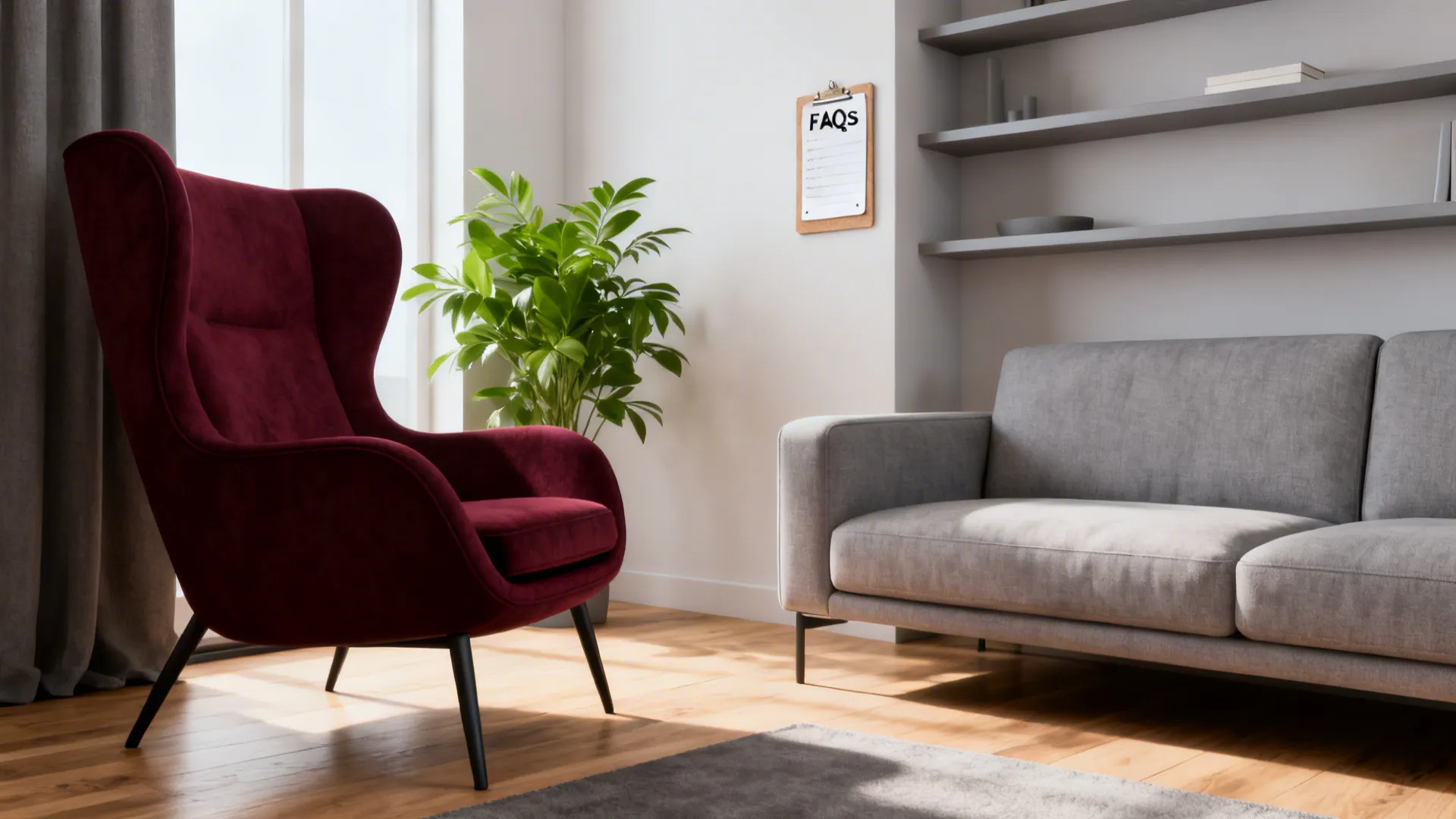 Modern small living room demonstrating balanced burgundy and gray with plants and minimalist shelving.