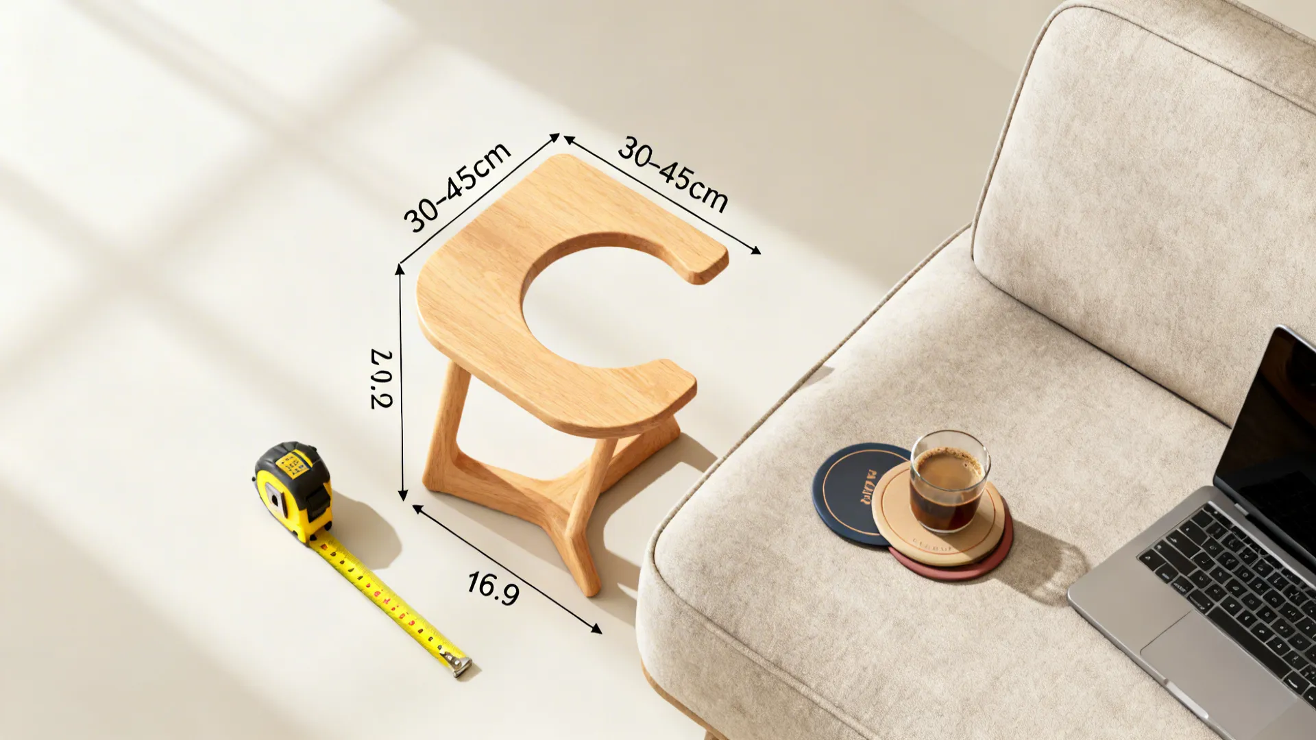 Flatlay showing measuring tape and a C-table top illustrating recommended sizes and height relative to a sofa.