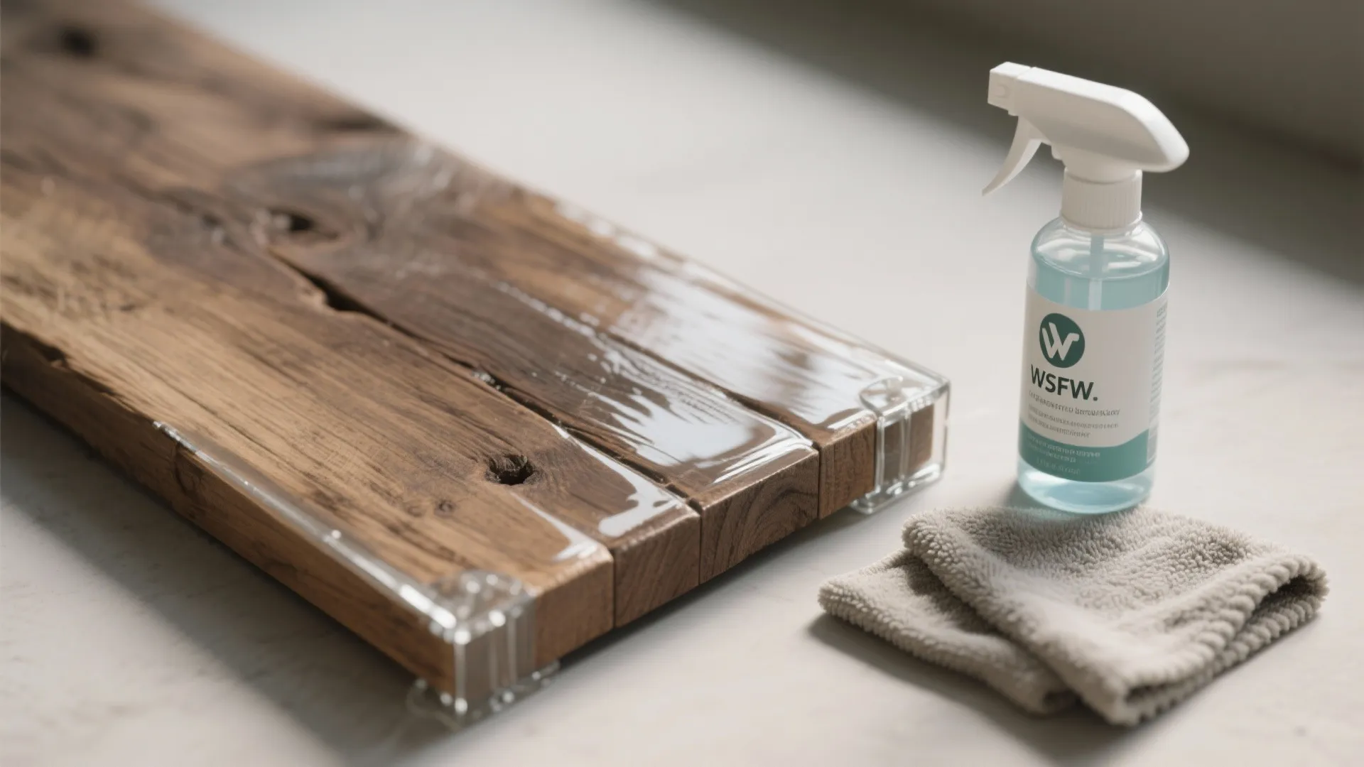 Macro of sealed reclaimed wood sample with food-safe finish and sealed seams.