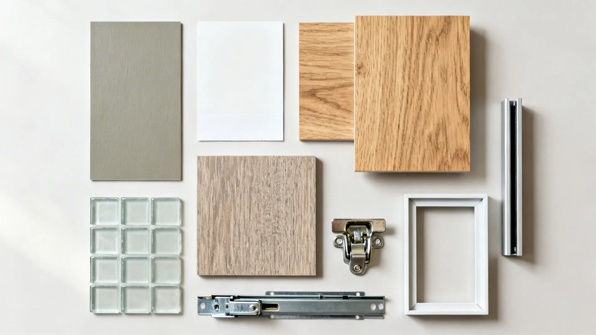 Flat lay of cabinet finishes and hardware: greige laminate, oak veneer, low-iron glass, melamine, slides, and hinges.