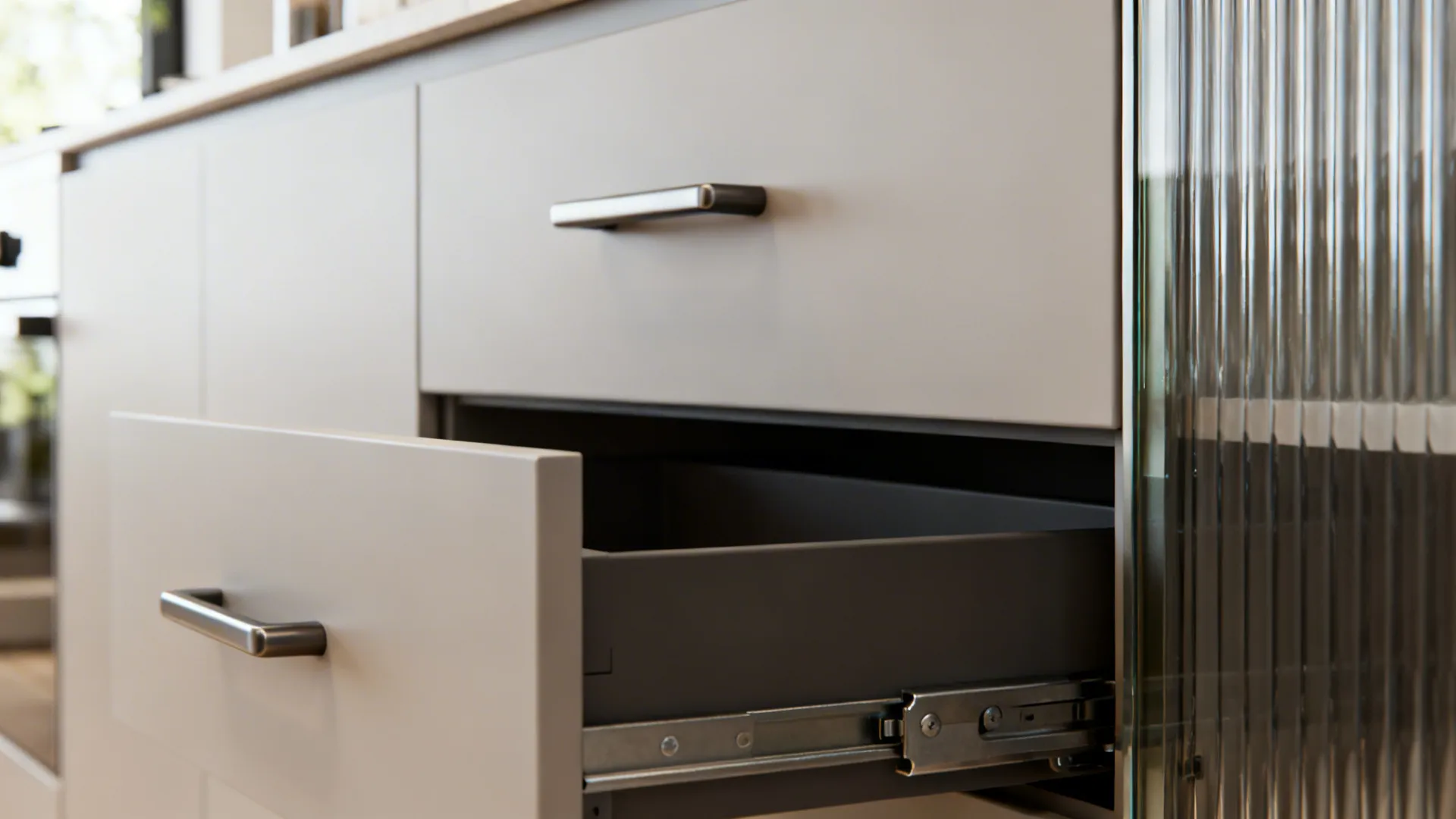 Macro of matte slab front, brushed pull, reeded-glass edge, and drawer slide illustrating modern cabinet details.