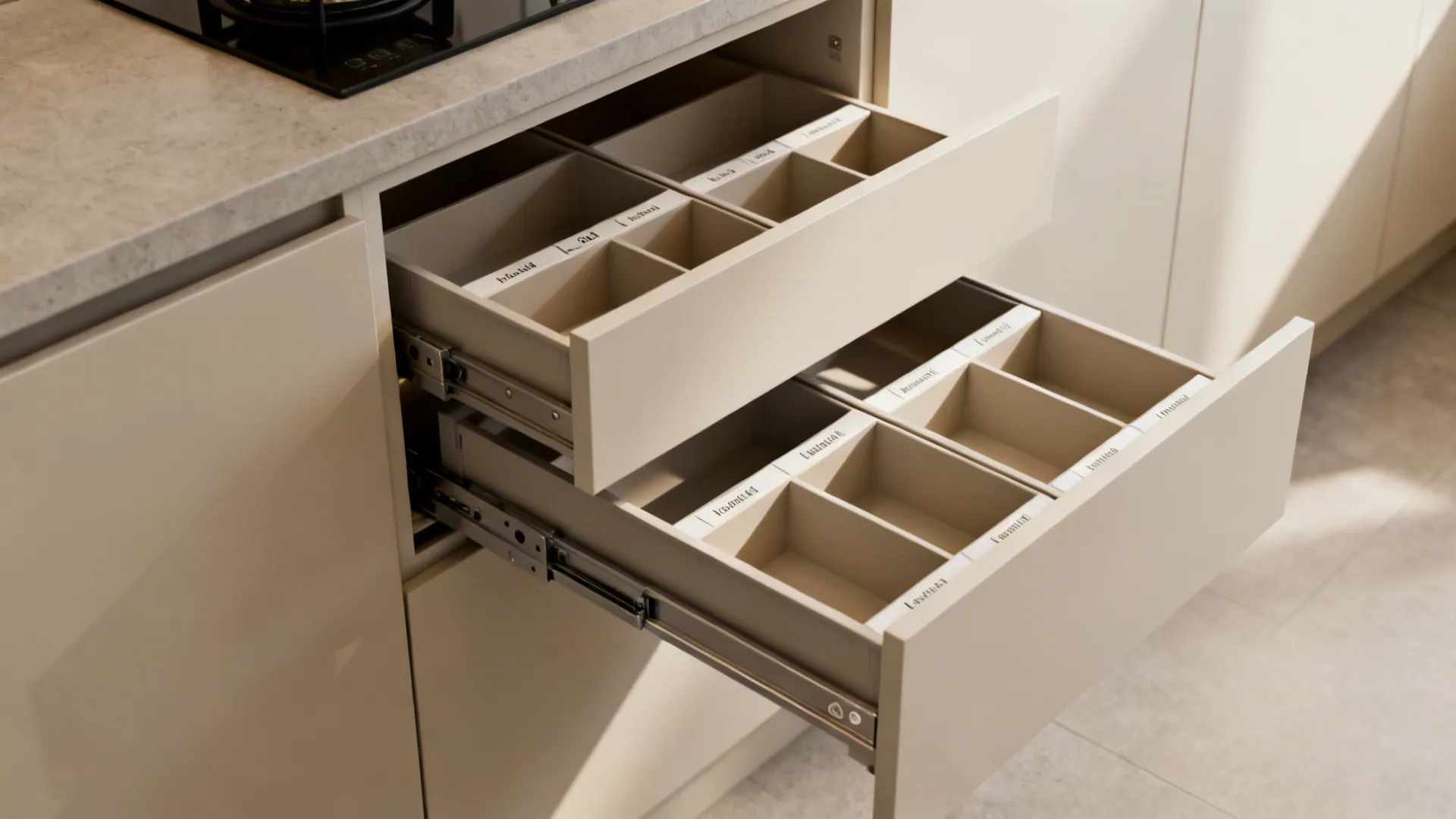 Close-up of organized cabinet interior with pull-out trays, suitable for FAQ visuals