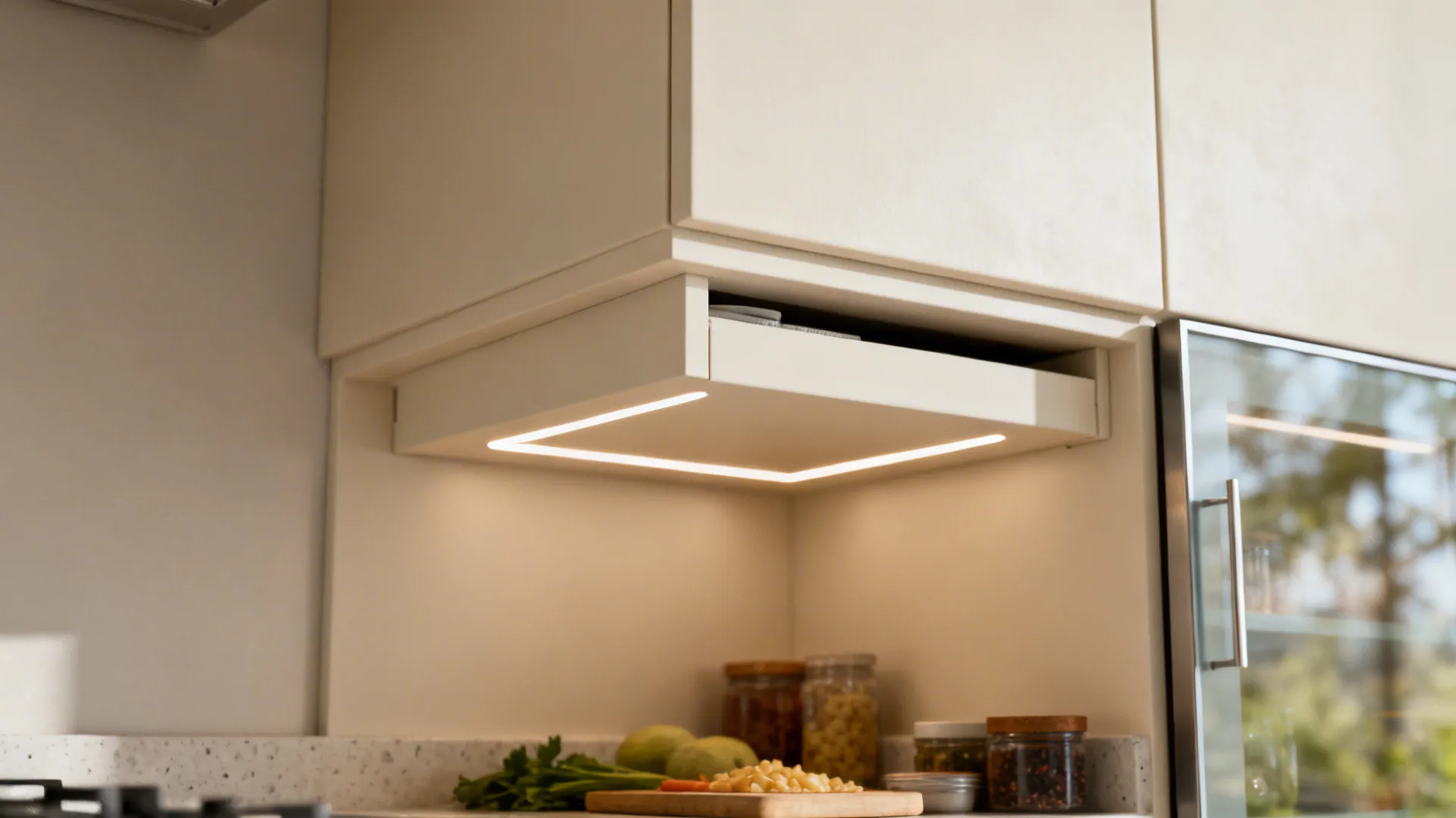 Macro vignette of ceiling-height light cabinet, shallow upper with LED, and a glass-front door.