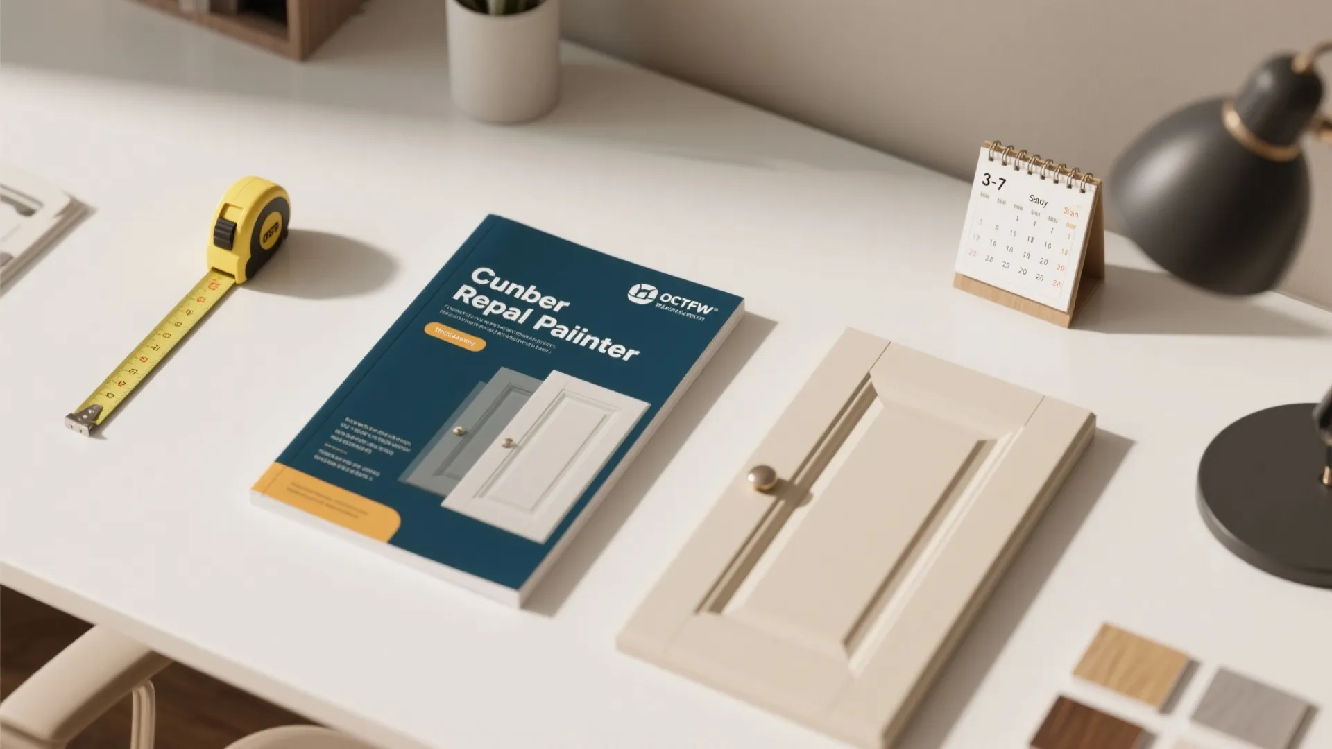 Desk with yellow measuring tape, blue repair book, cabinet door sample, calendar, and black lamp