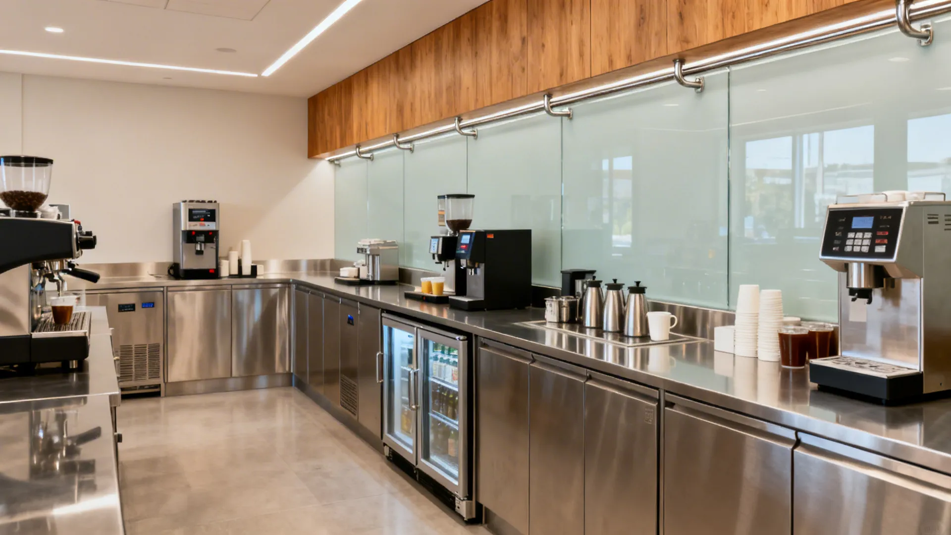 Wide view combining L-shaped and straight-line stations with glass backsplash, under-counter fridges, and wall rails.