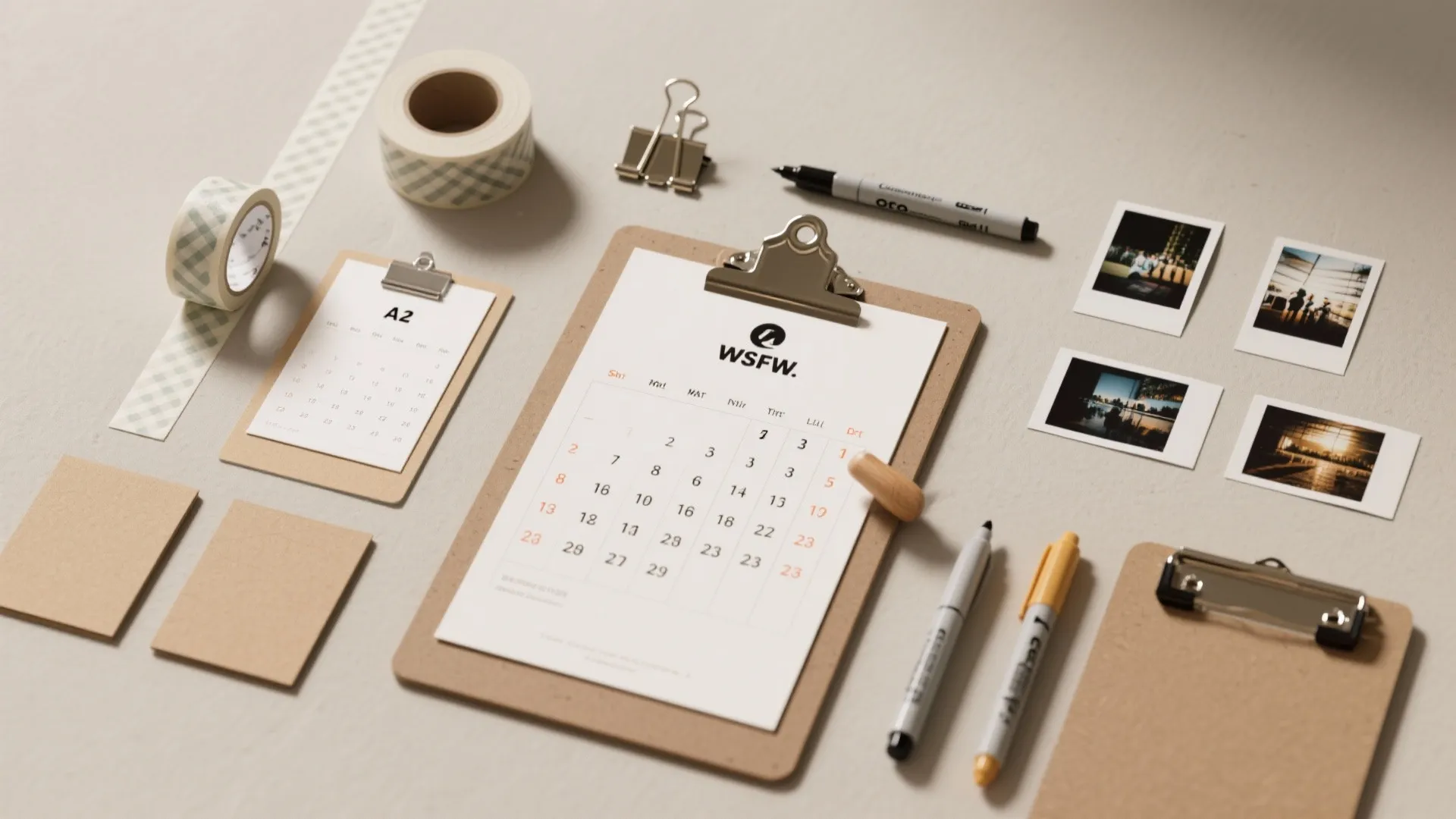 Top-down flatlay of materials for DIY wall calendars including washi, magnetic samples, prints, dowel, and craft tools.