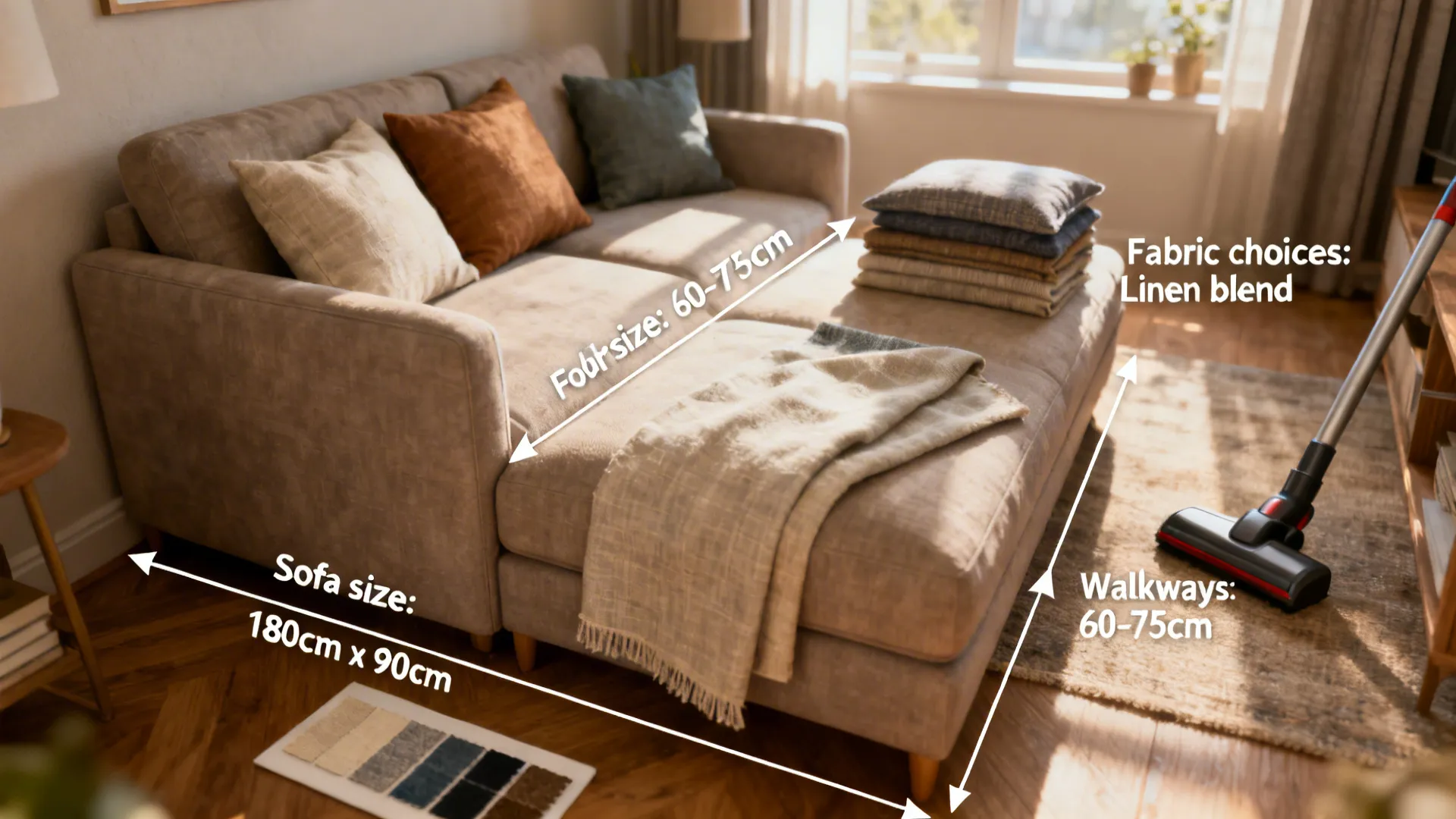 Small living room close-up with callouts for sofa size, clearances, and fabric care tips.