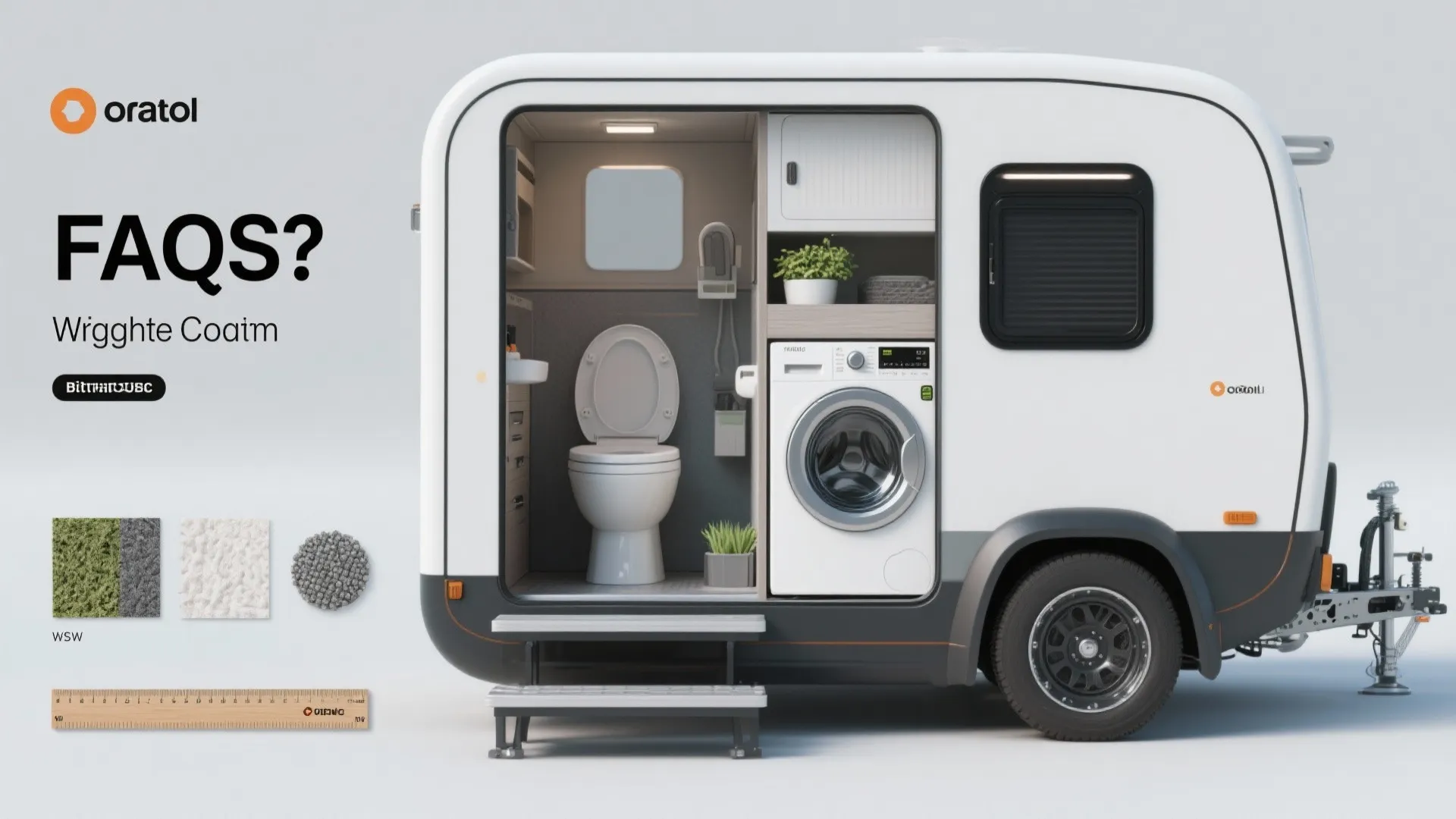 Composite of camper bathroom solutions: composting toilet, compact washer-dryer and lightweight materials.