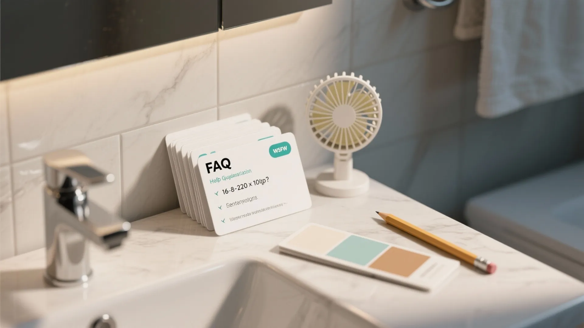 White bathroom sink area with FAQ cards, small desk fan, pencil, and colorful paint samples