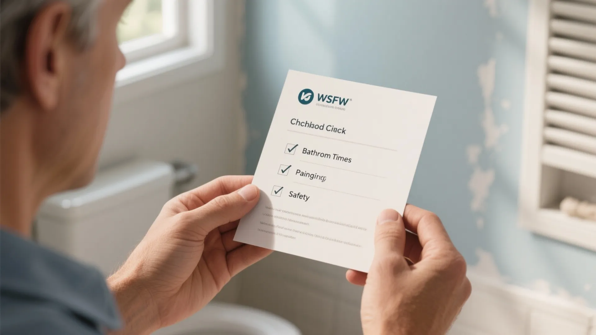 Close-up of a homeowner holding a checklist card about bathroom painting FAQ near a ventilated bathroom