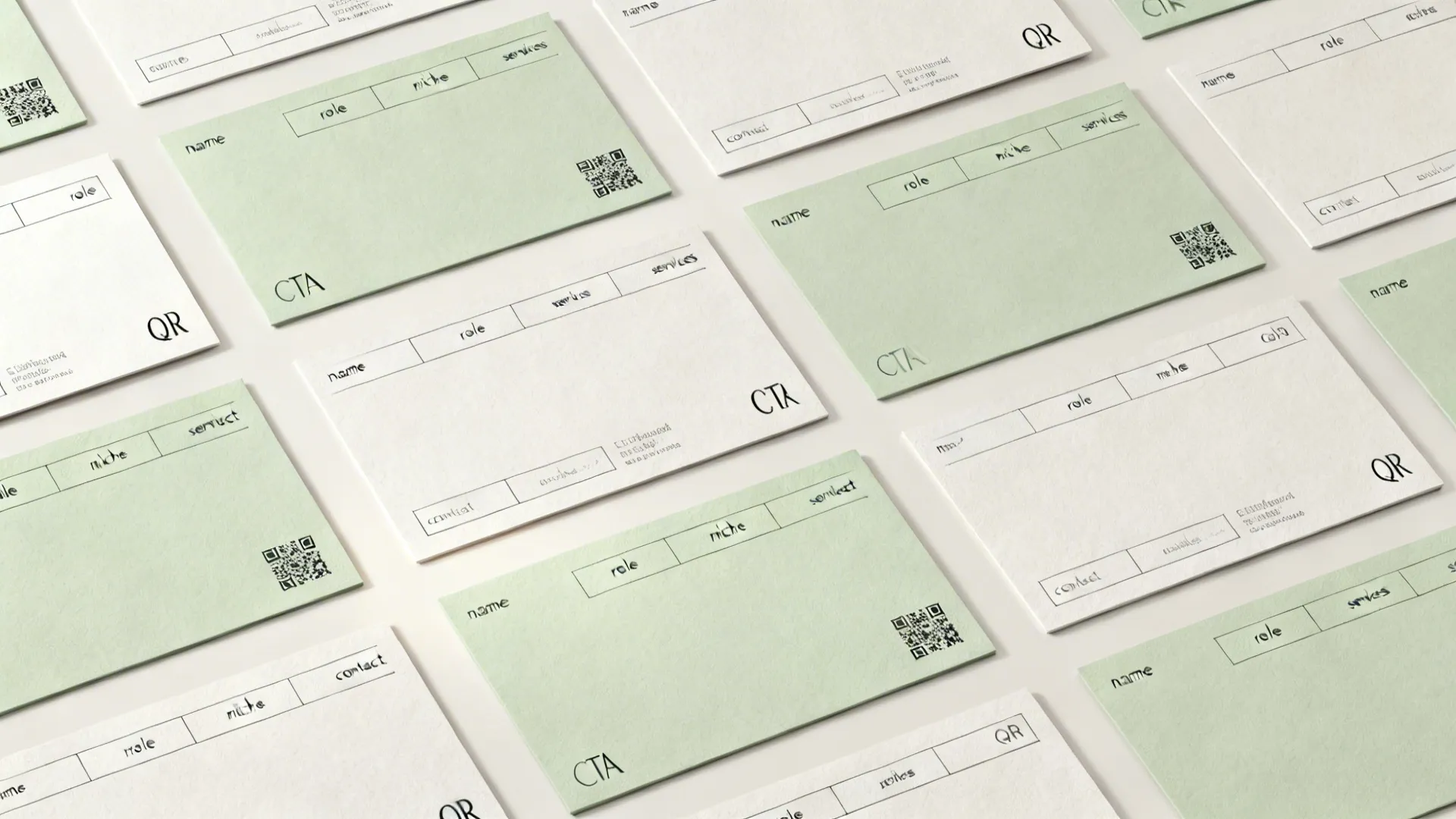 Multiple light green and white cards arranged in a grid showing layout for name and role