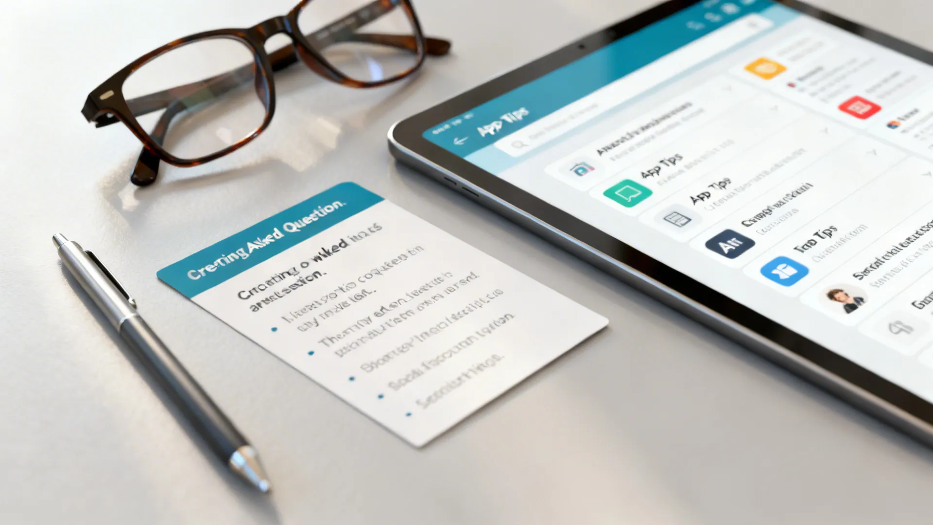 FAQ card beside a tablet showing app tips on a clean desk