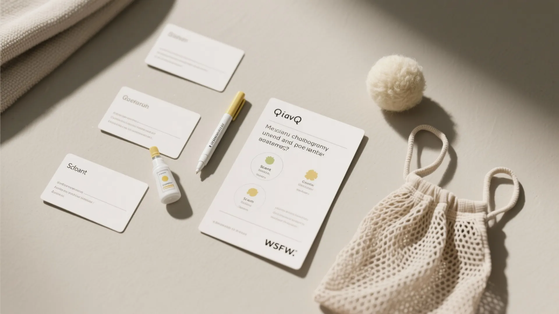 Interior design branding kit featuring business cards information sheets yellow pen and a small mesh bag
