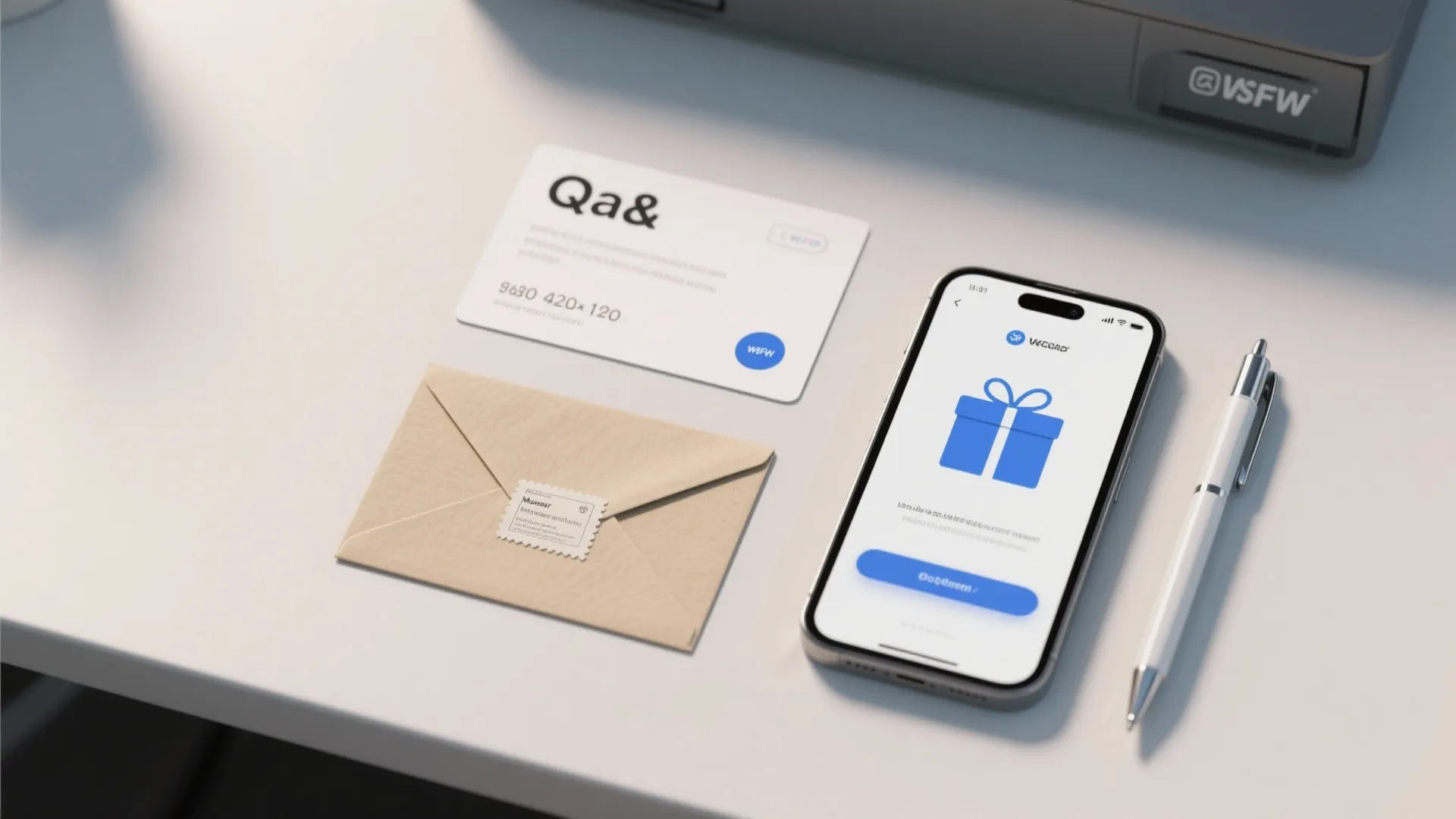 White desk showing smartphone with gift icon brown envelope white paper card and silver ink pen