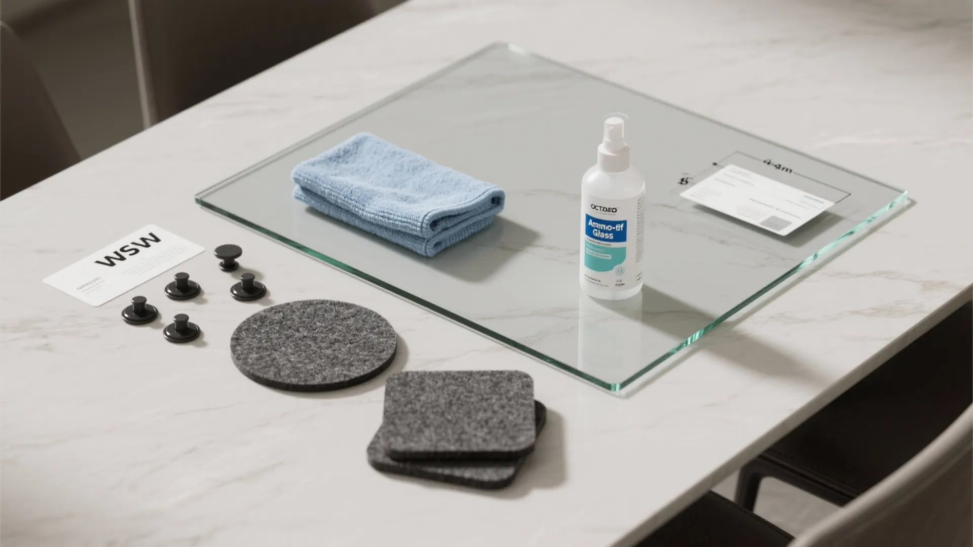 Glass cleaning kit with spray bottle blue cloth and grey pads on a marble table