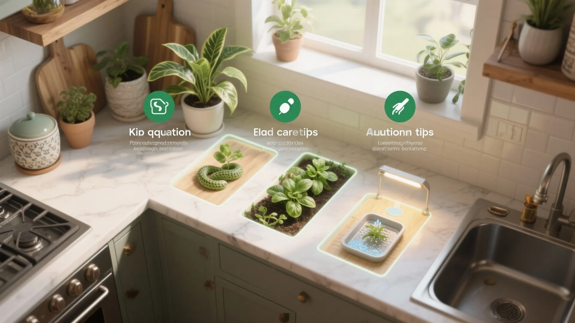 Modern kitchen countertop with herb garden trays and green plants near sink and bright window
