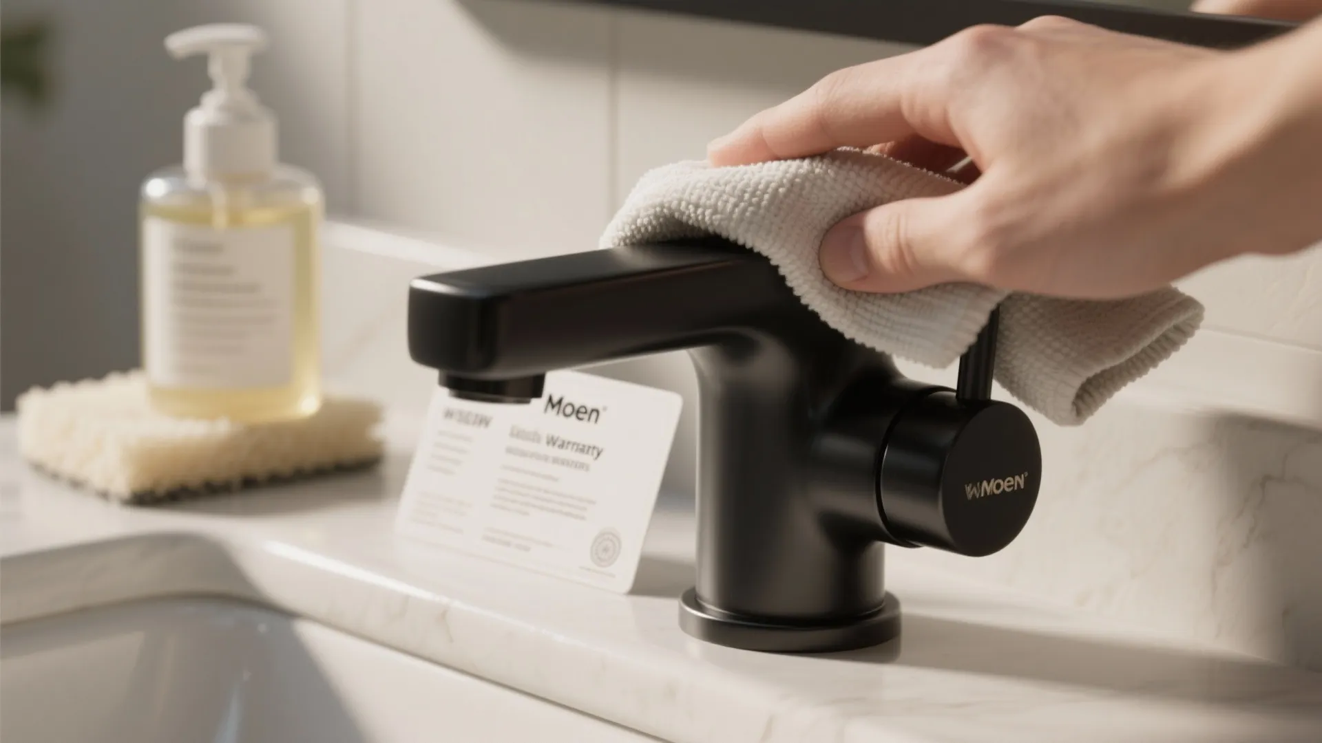 Hand cleaning a black bathroom faucet with a white cloth on a marble counter top