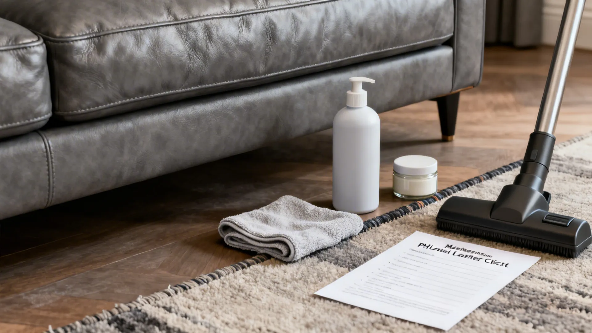 Leather care items and a maintenance checklist beside a grey leather couch.