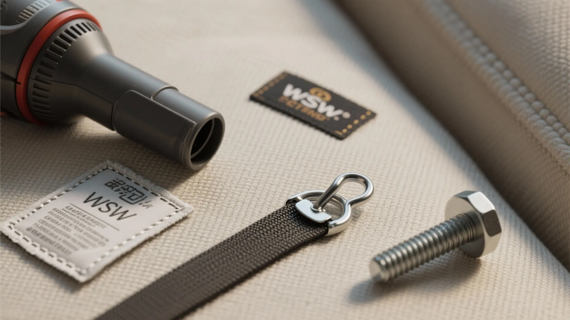 Vacuum cleaner nozzle beside fabric labels a metal hook and a single silver metal screw