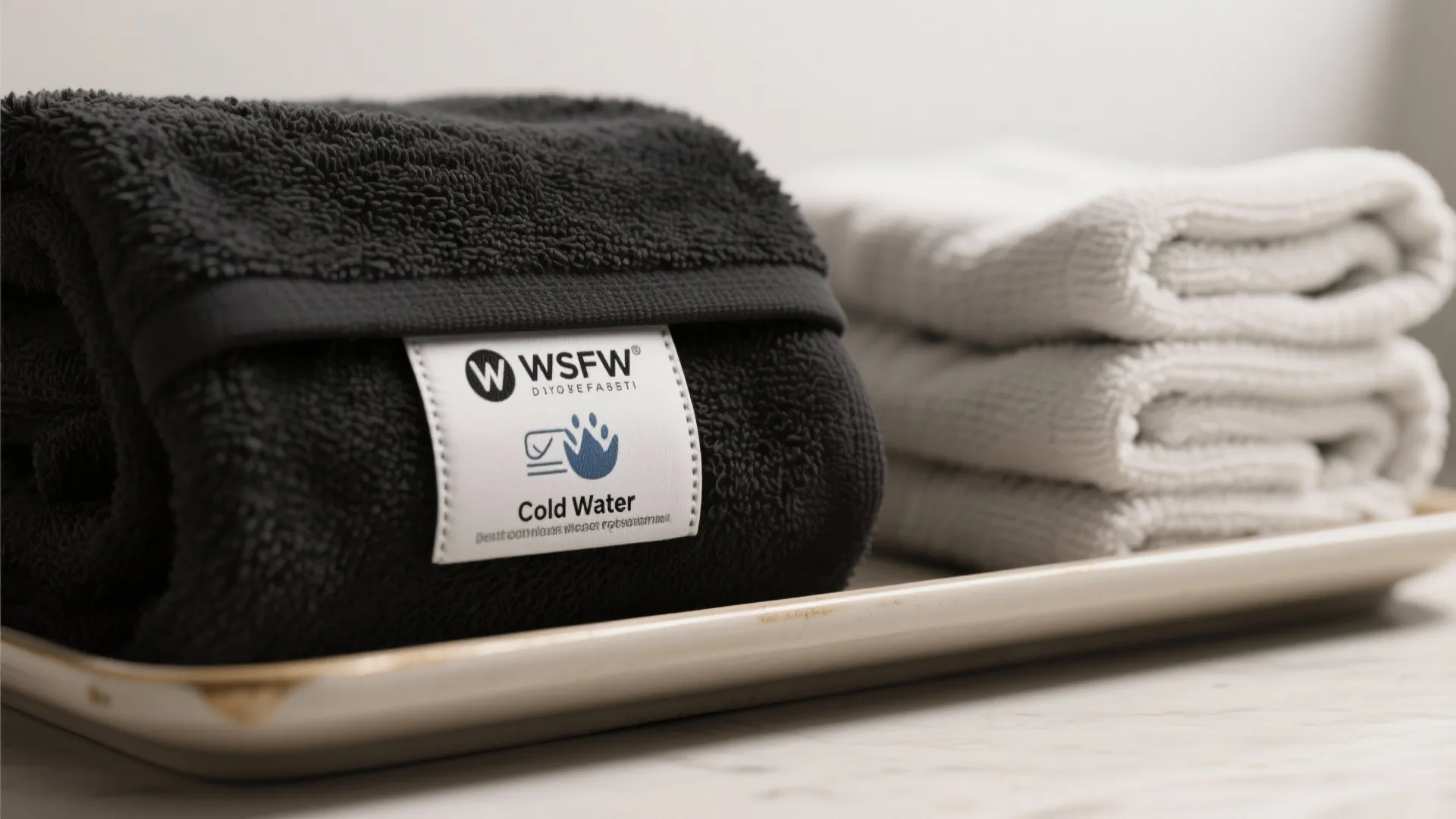 Close up of a folded black towel and white towels placed on a white tray