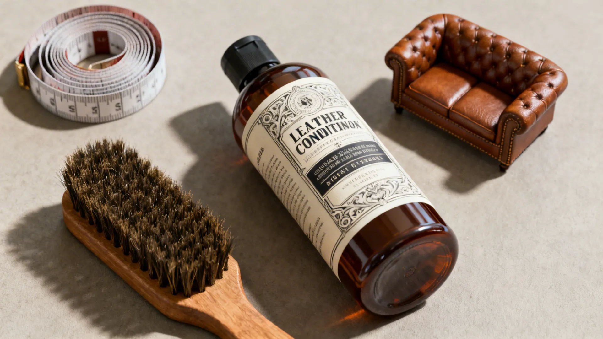 Close-up of leather care items, measuring tape and a miniature Chesterfield model.