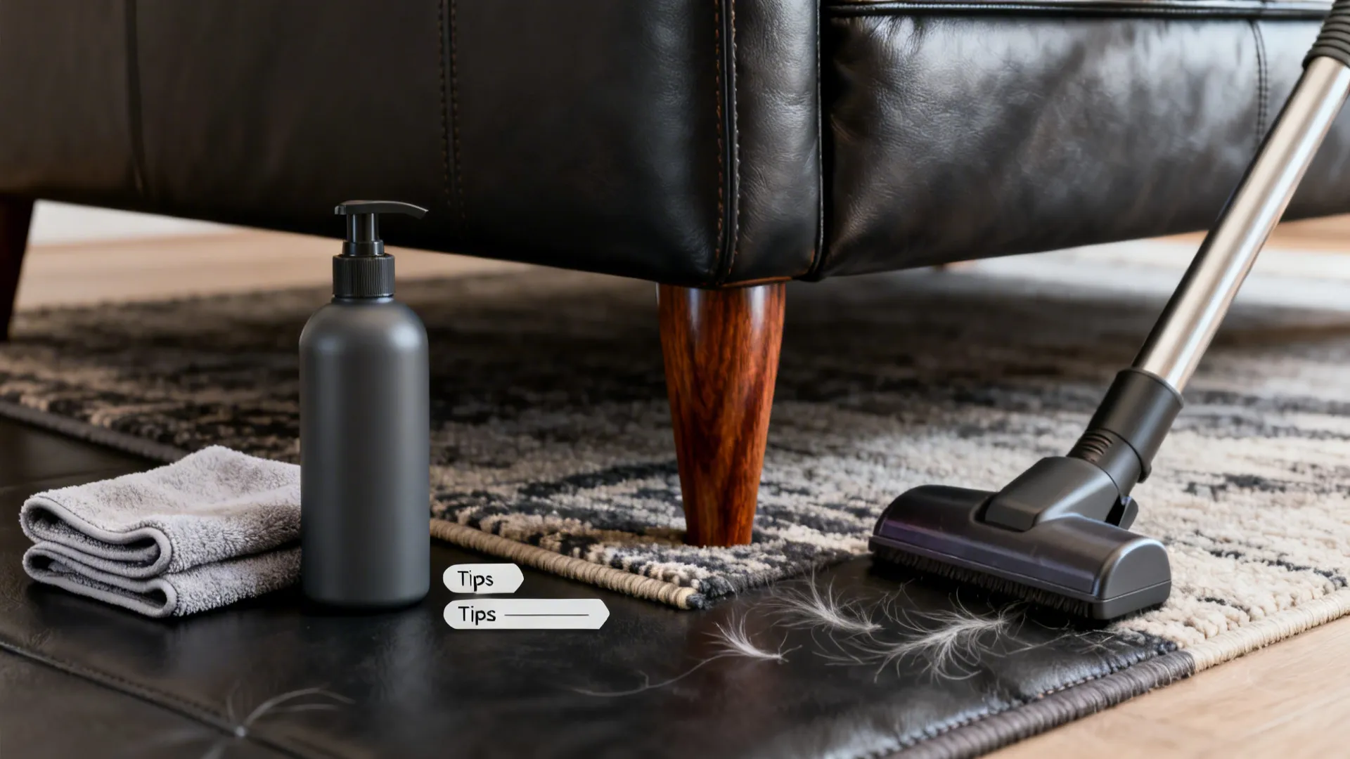 Close-up of leather care items and rug edge demonstrating maintenance tips for navy leather sofa.
