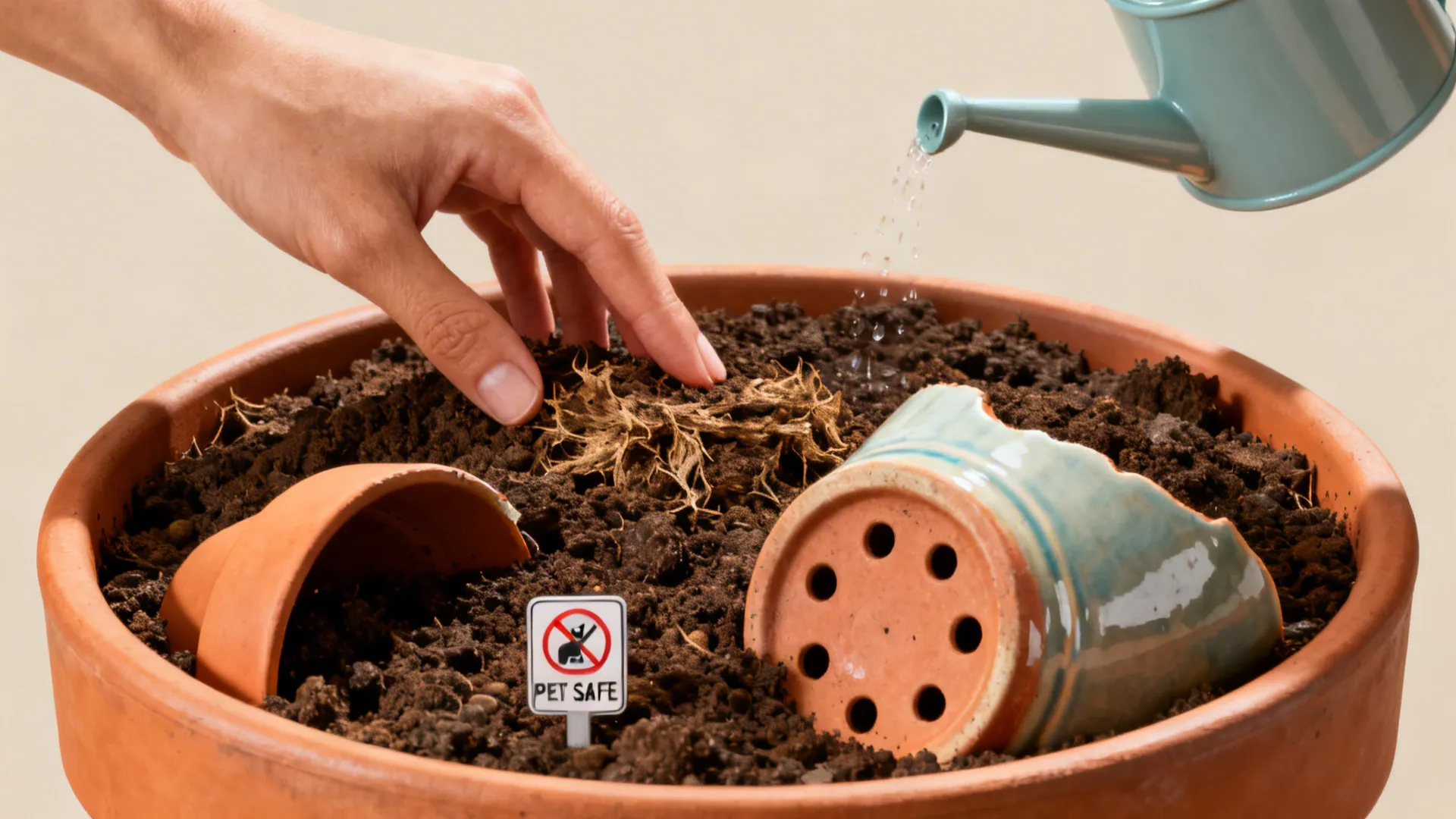 Close-up of snake plant care: checking dry soil, careful watering, and pot drainage options.