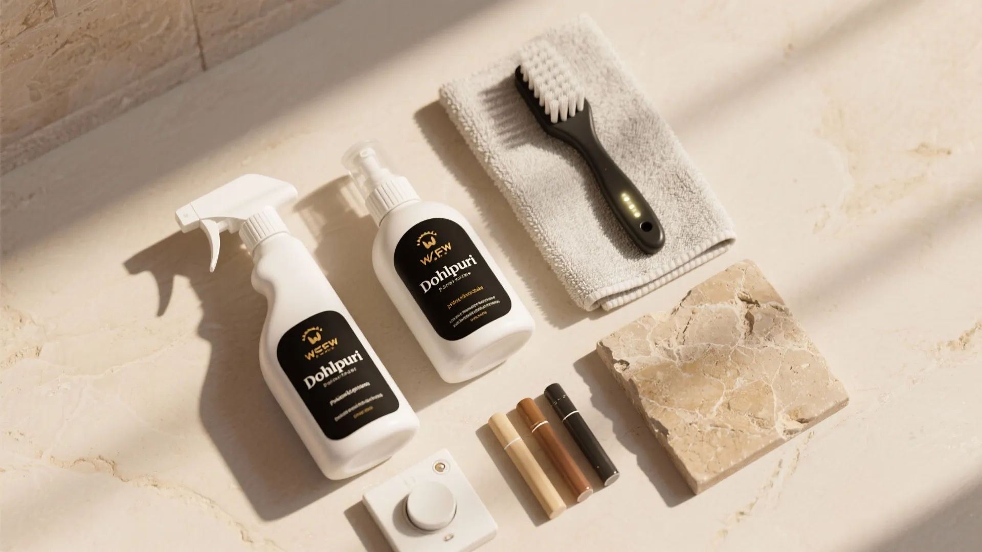 Flat lay of Dholpuri wall care kit with sealer, pH-neutral cleaner, cloths, brush, dimmer, grout sticks, and stone sample.