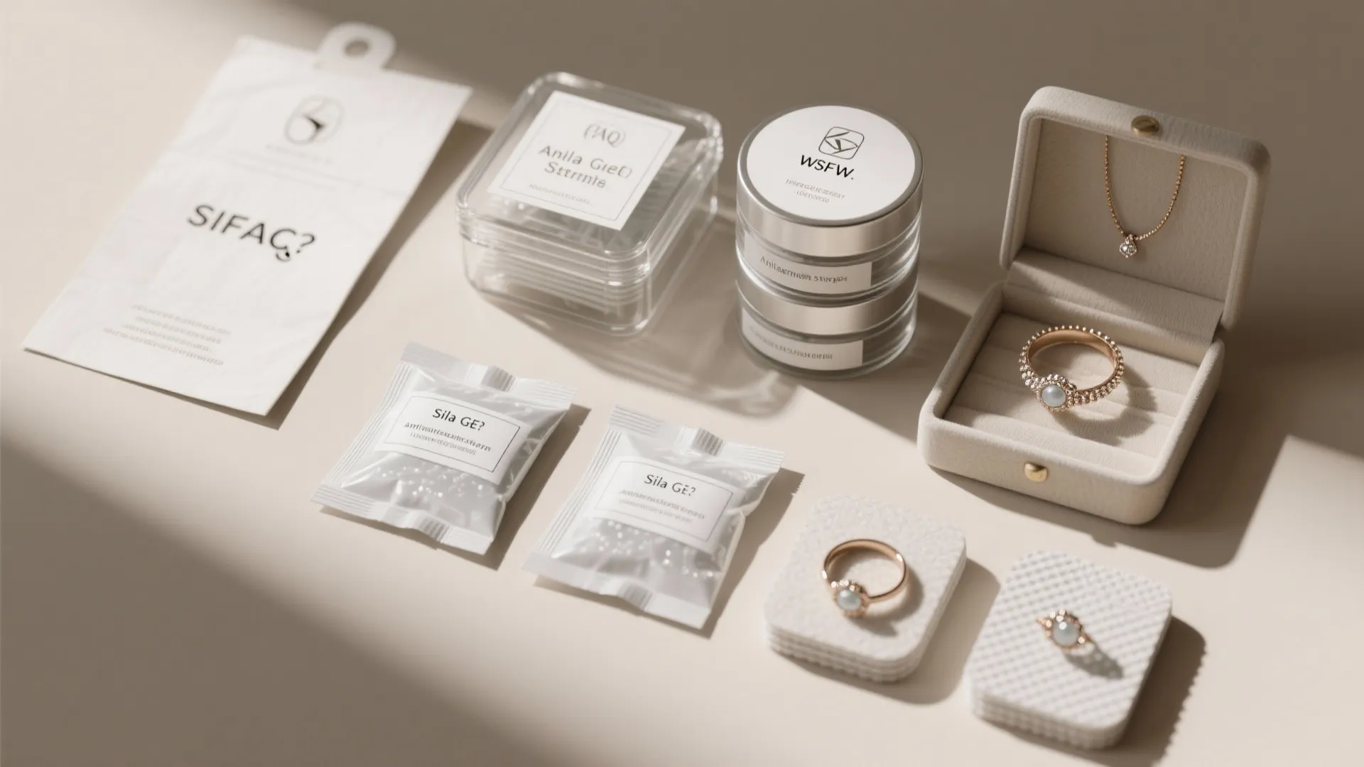 Jewelry care kit flat lay with rings in a box and small cleaning supplies packets