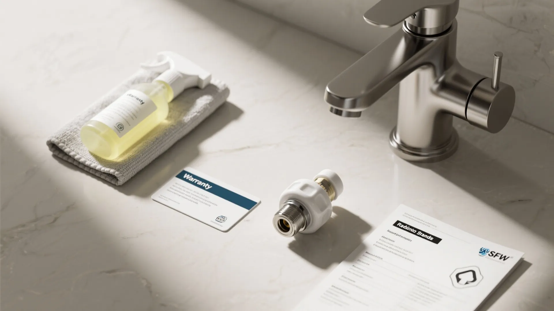 Flatlay of cleaning cloth, cartridge, and warranty elements for faucet care and specs